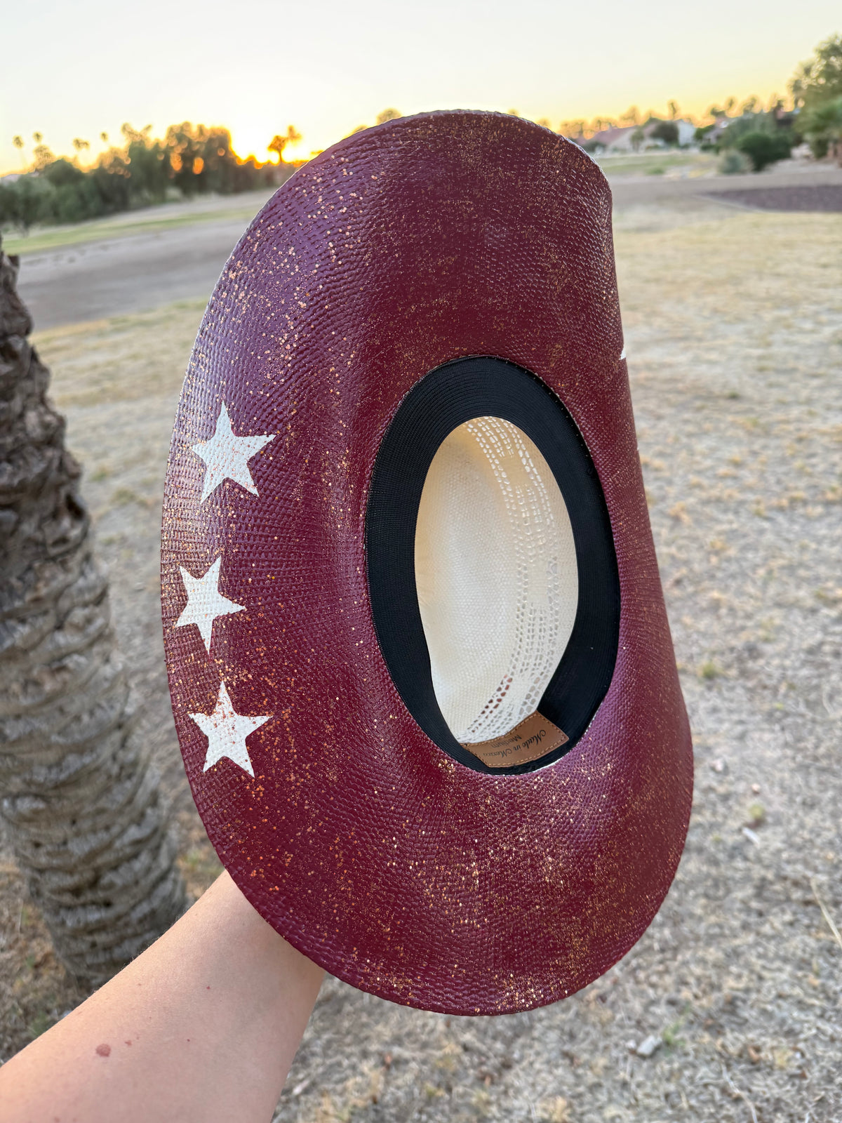 Silver maroon shimmer straw wide brim cowboy hat
