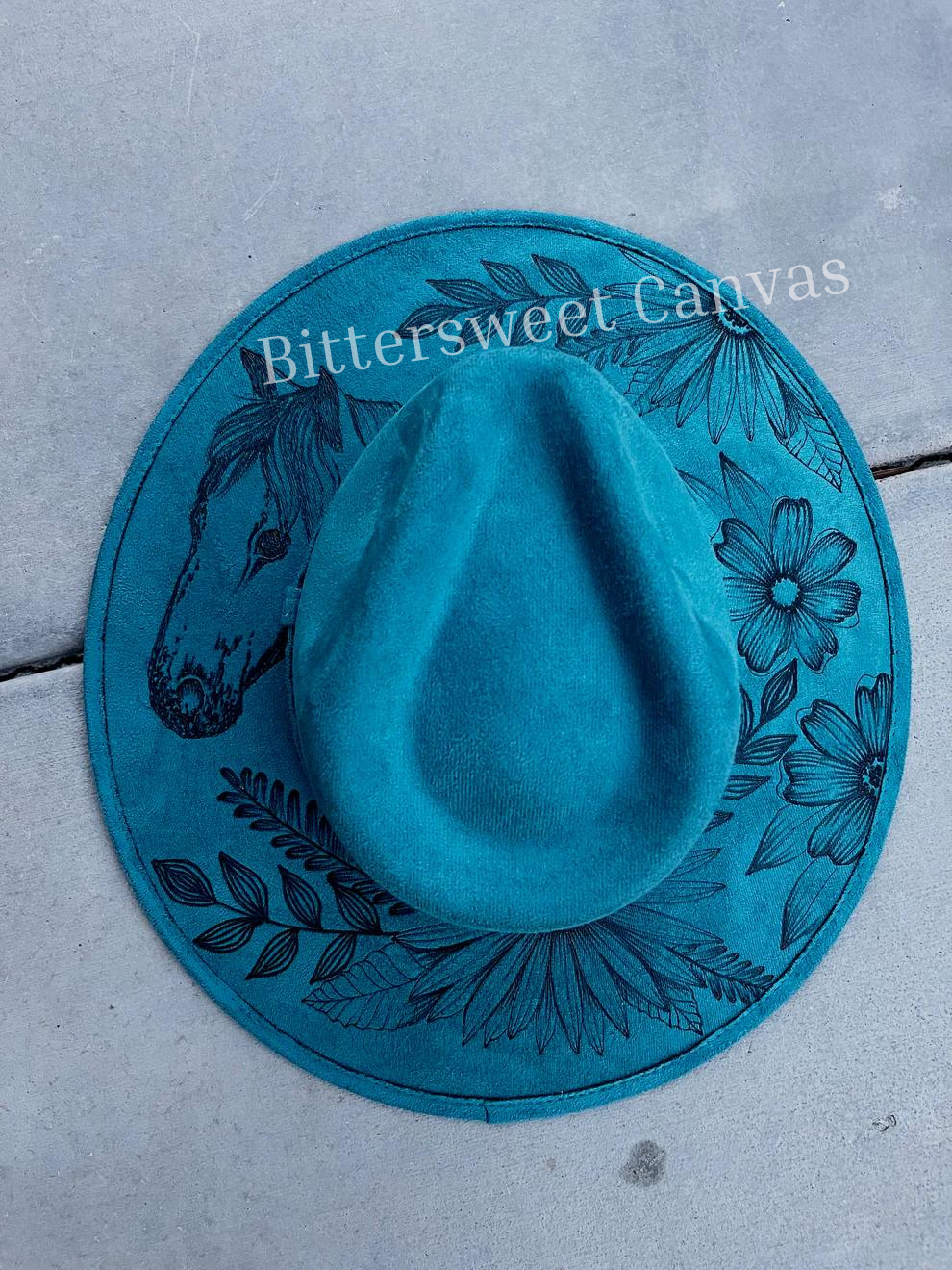 Horse floral blue teal burned suede wide brim rancher hat
