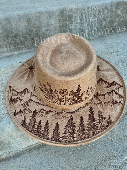 Mountain tree burned tan suede wide brim rancher hat