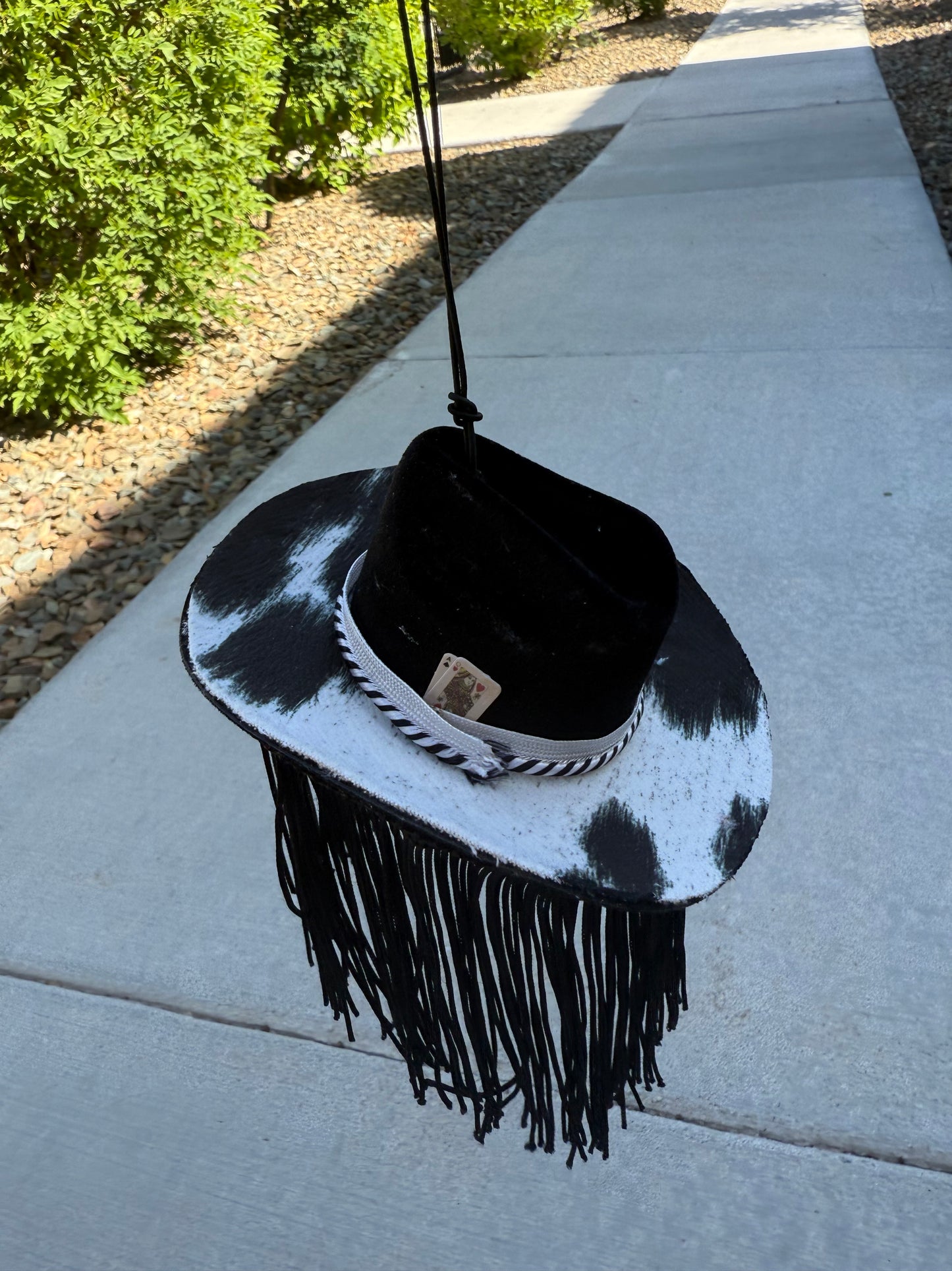 Black cowhide fringe cowboy hat rearview mirror charm