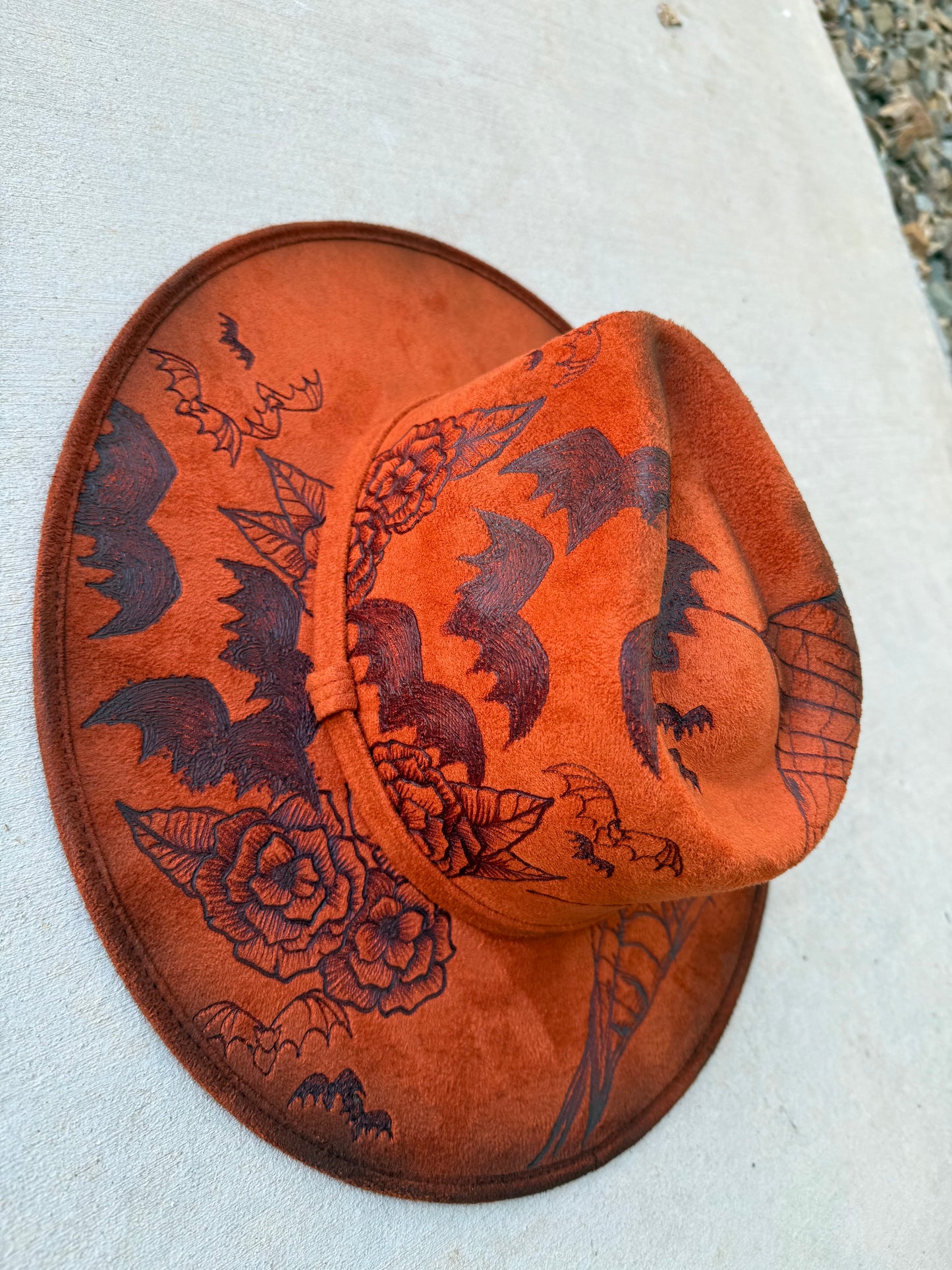 Orange spooky bats witchy floral suede wide brim cowboy hat