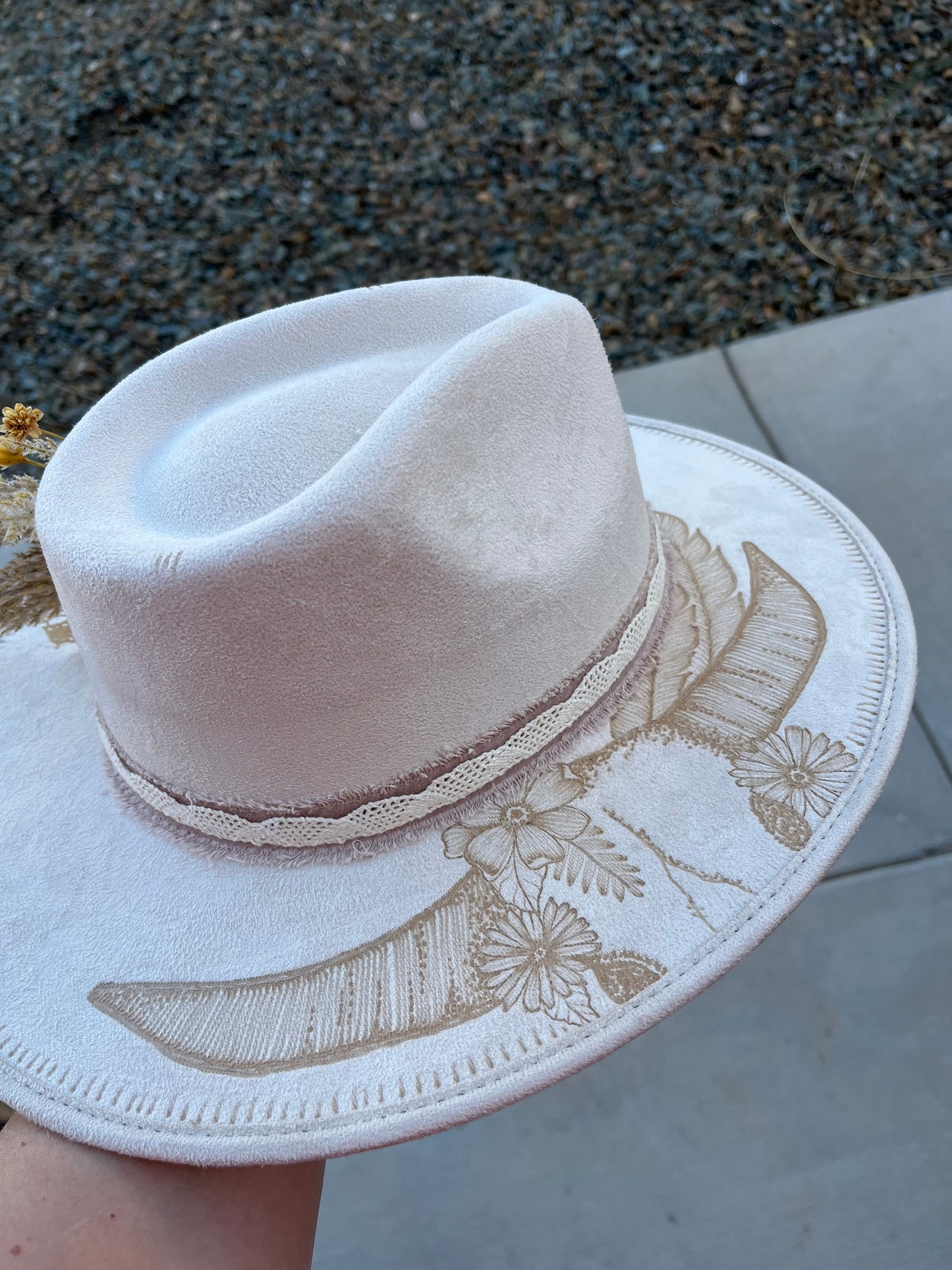 Ivory steer head bridal burned suede wide brim rancher hat