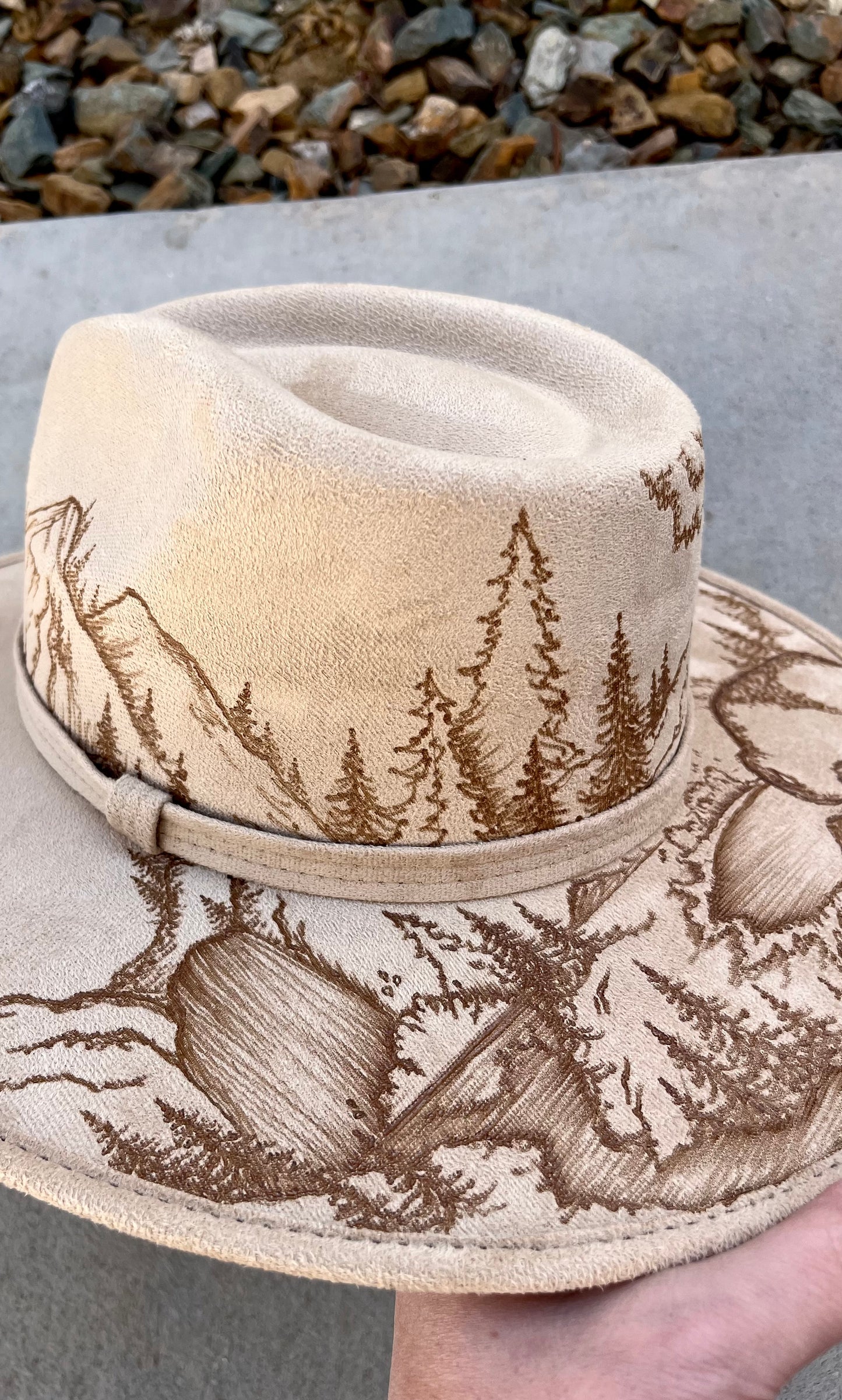 Yellowstone national park burned beige suede wide brim rancher hat