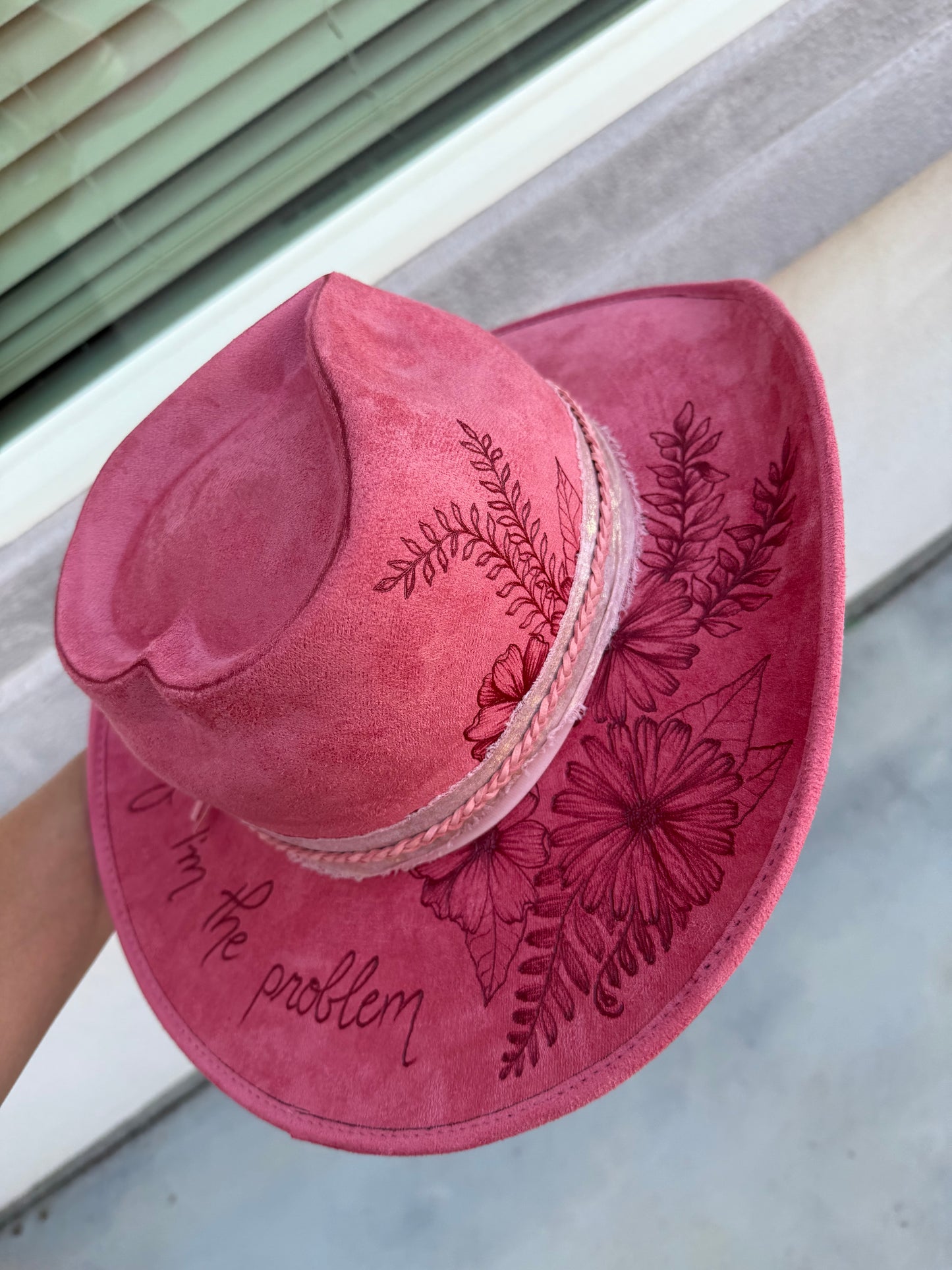Im the problem dusty rose heart crown suede wide brim rancher hat
