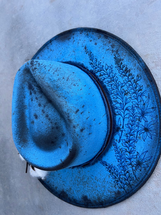 Blue distressed floral cotton burned suede wide brim rancher hat