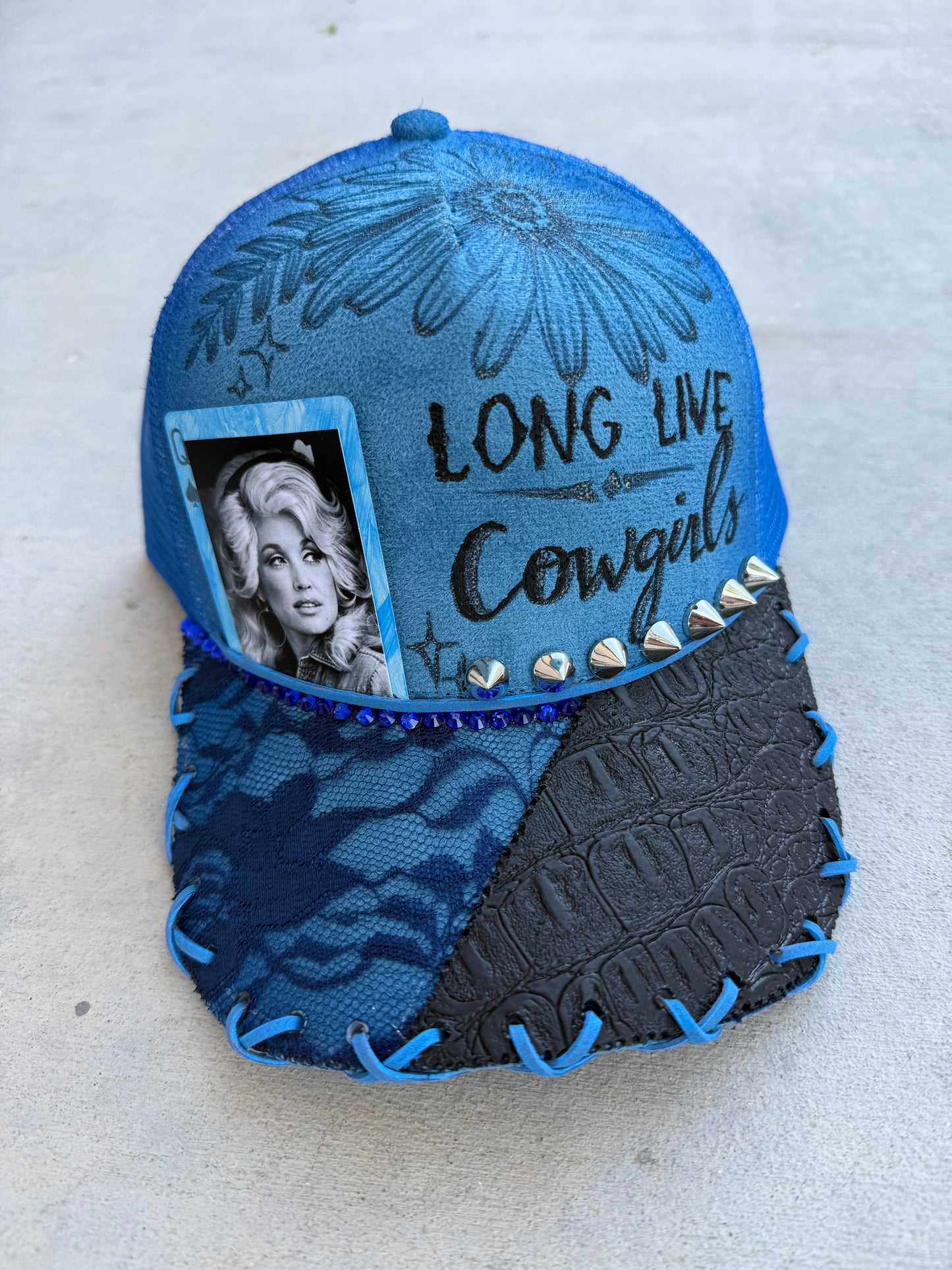 Blue dolly cowgirl burned trucker hat custom ball cap SnapBack