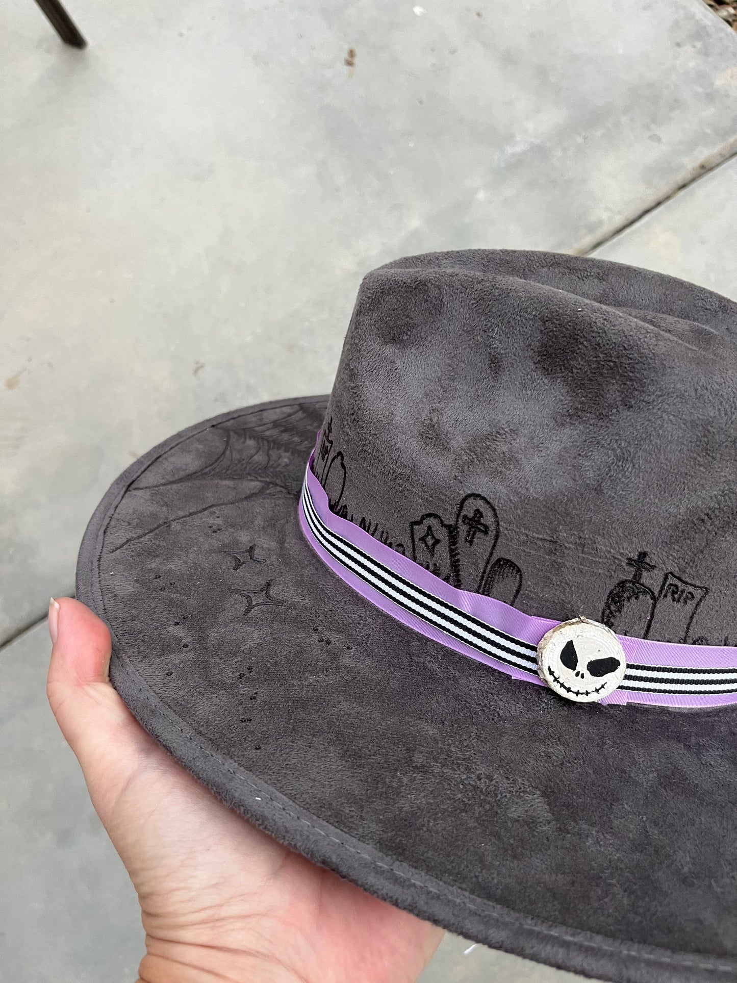 Nightmare grey spider burned fabric lined felt wide brim rancher hat