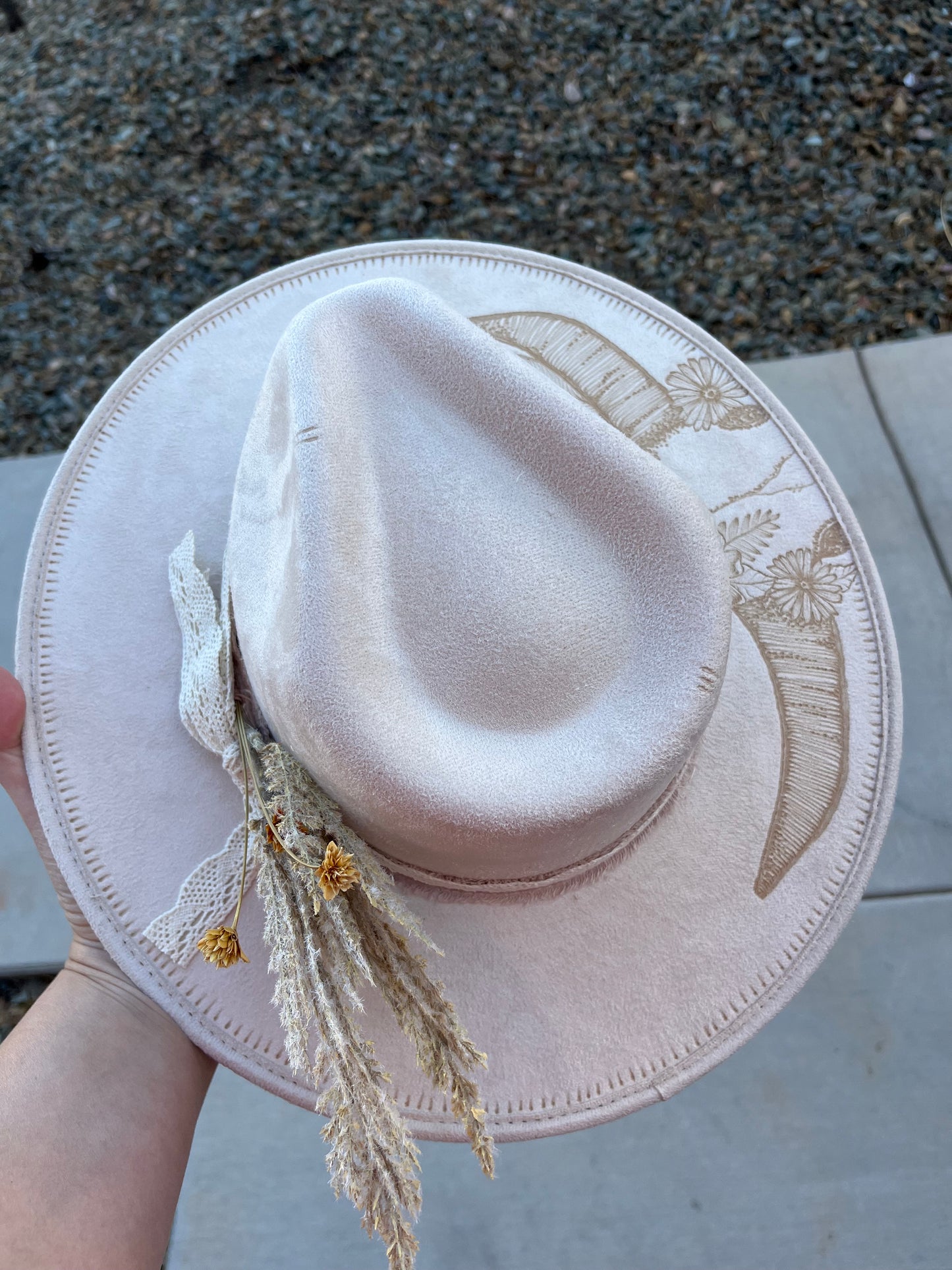 Ivory steer head bridal burned suede wide brim rancher hat