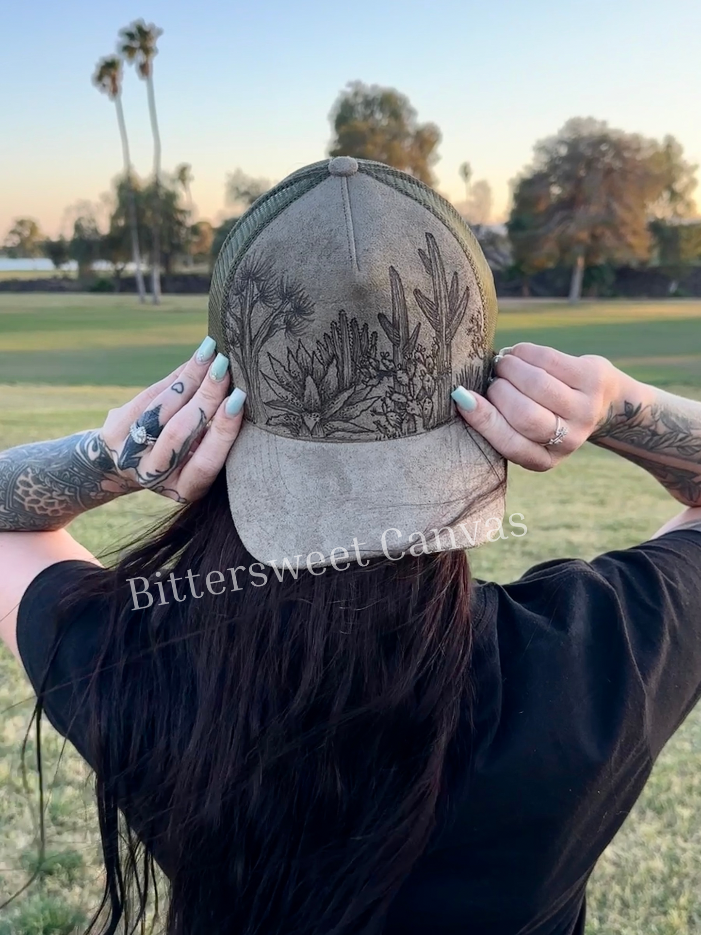 Olive green cactus desert burned trucker hat custom ball cap SnapBack