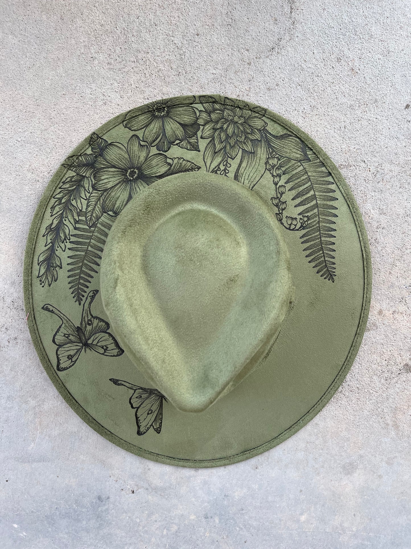Light olive green fern moth floral suede wide brim rancher hat