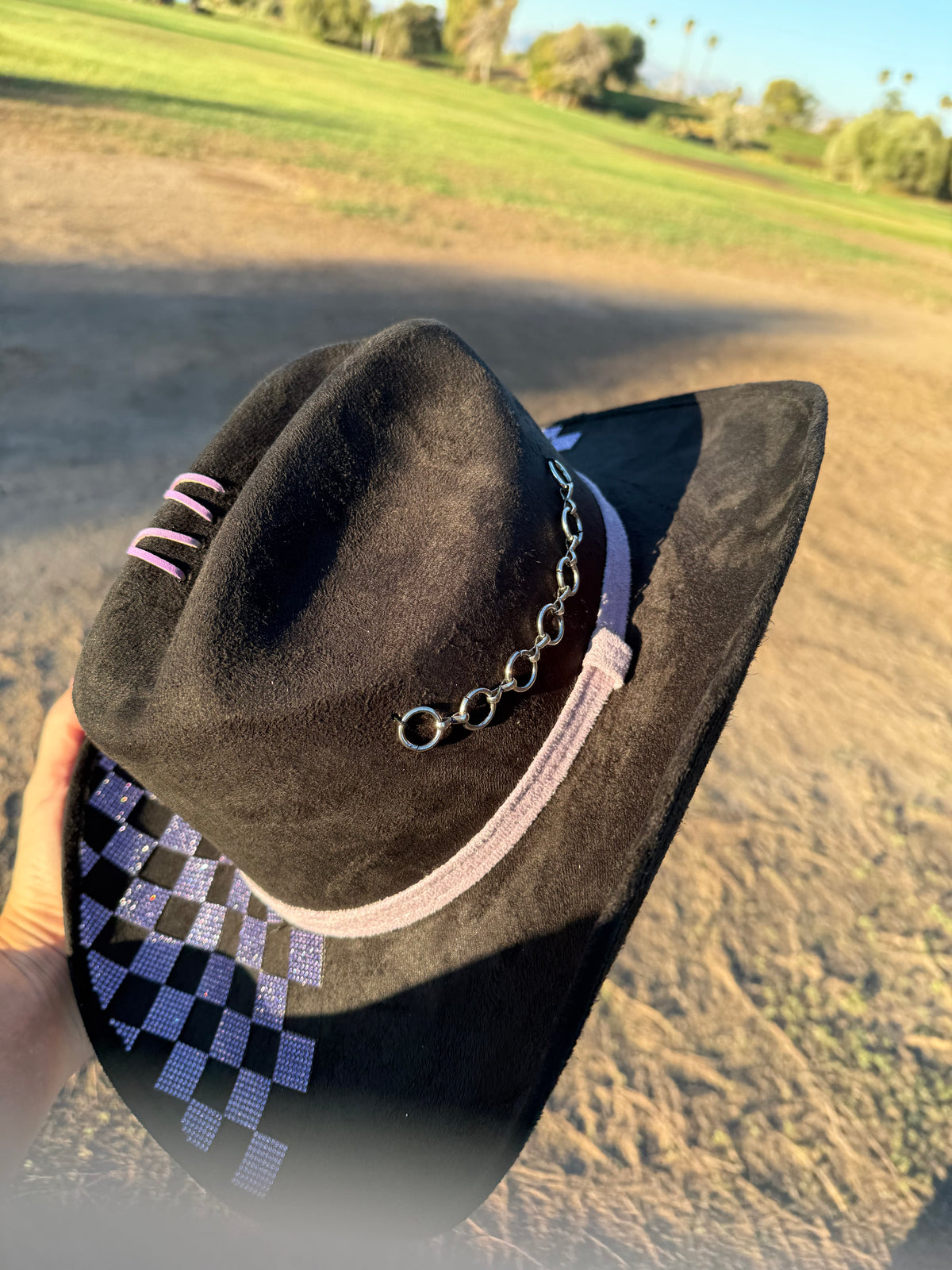 Black purple rhinestone burned suede wide brim cowboy hat