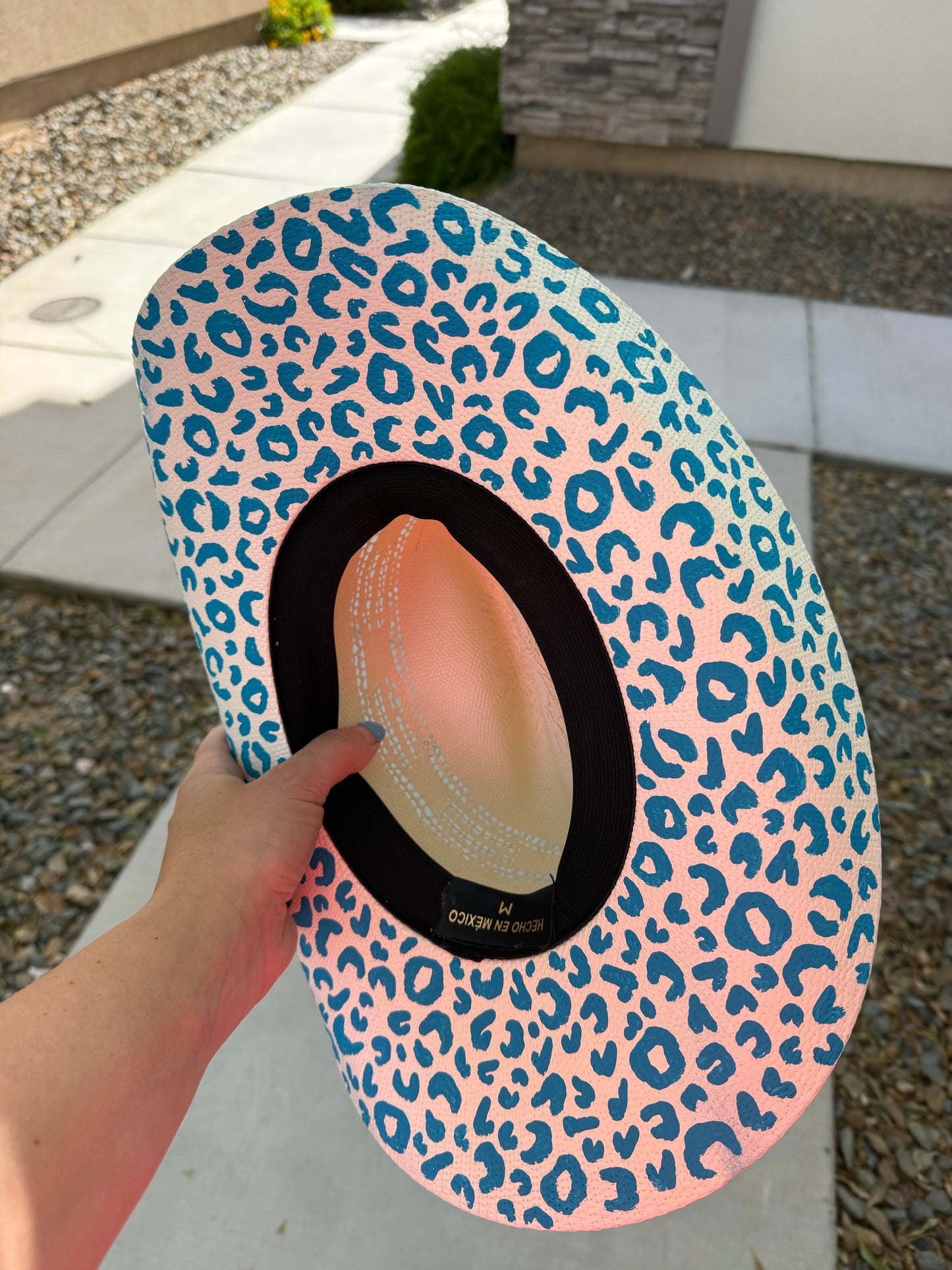 Turquoise leopard straw wide brim cowboy hat
