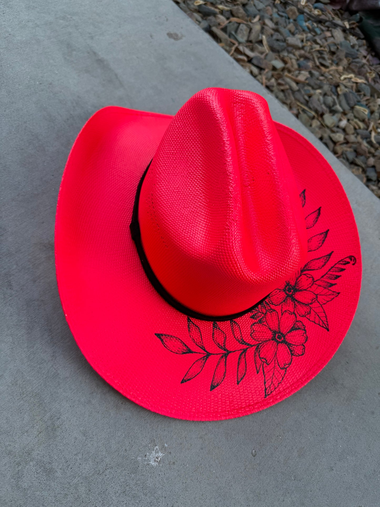 Hot pink floral straw wide brim cowboy hat
