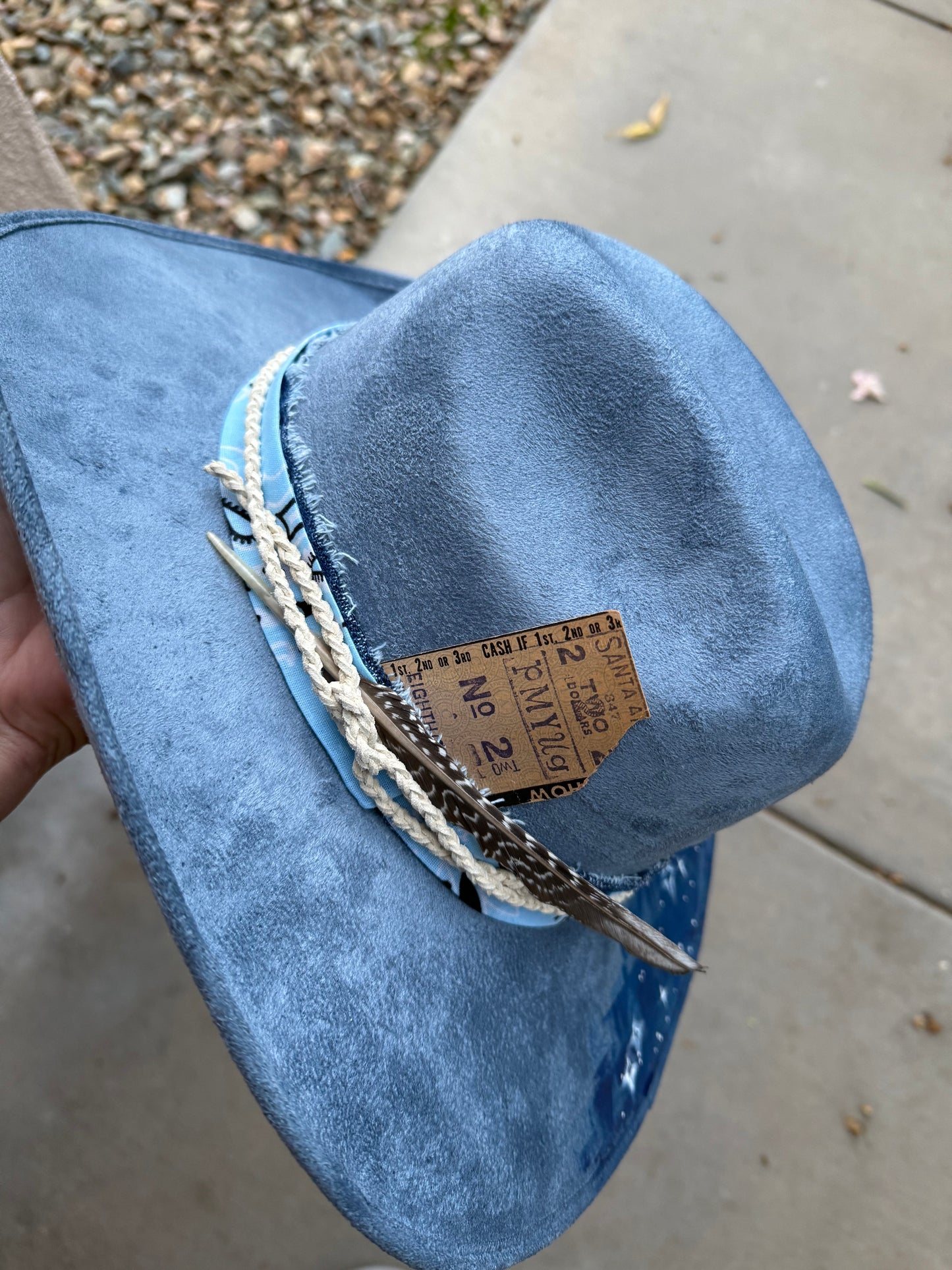 Blue hold yer horses suede wide brim rancher hat