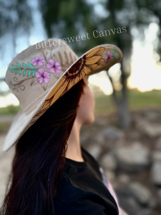 Tan colorful floral burned suede wide brim cowboy hat
