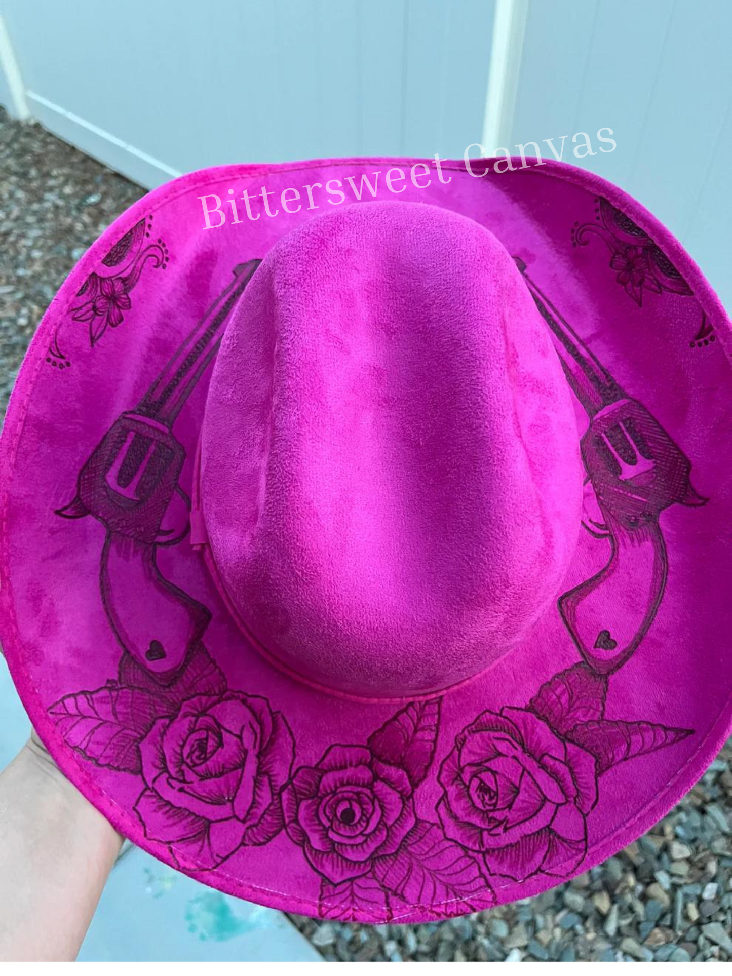 Pink fuchsia revolver gun rose floral burned suede wide brim cowboy hat