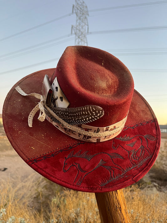 Distressed maroon burgandy horses burned accessorized suede wide brim rancher hat