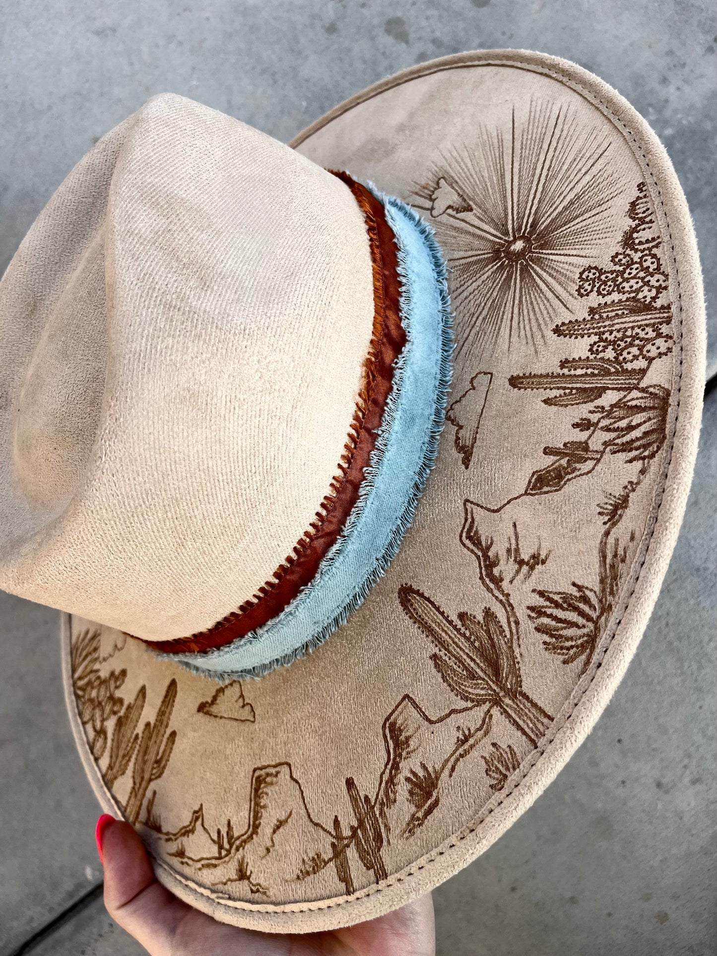 Beige desert monument valley burned suede accessorized wide brim rancher hat
