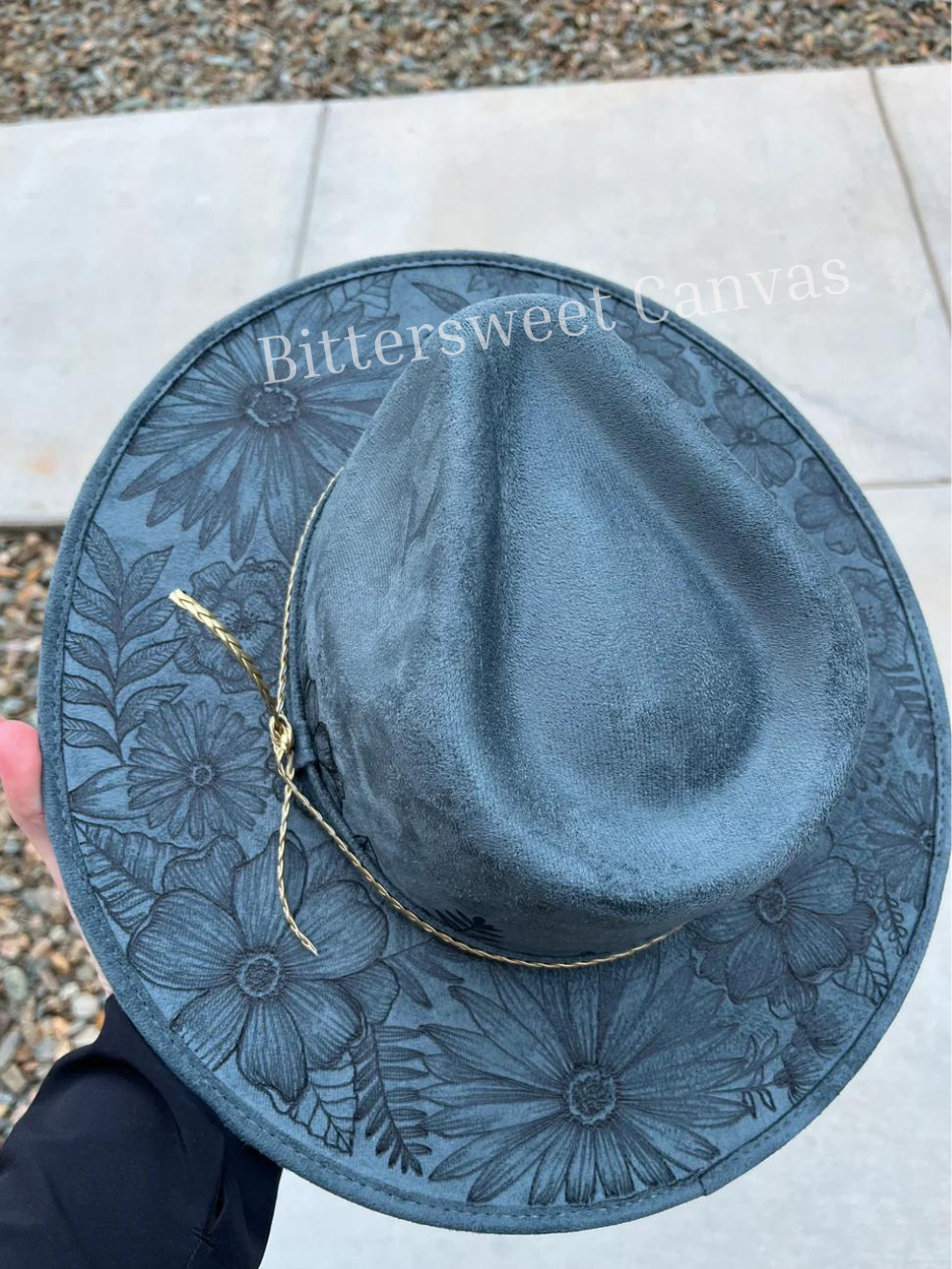 Steel blue full floral suede wide brim rancher hat