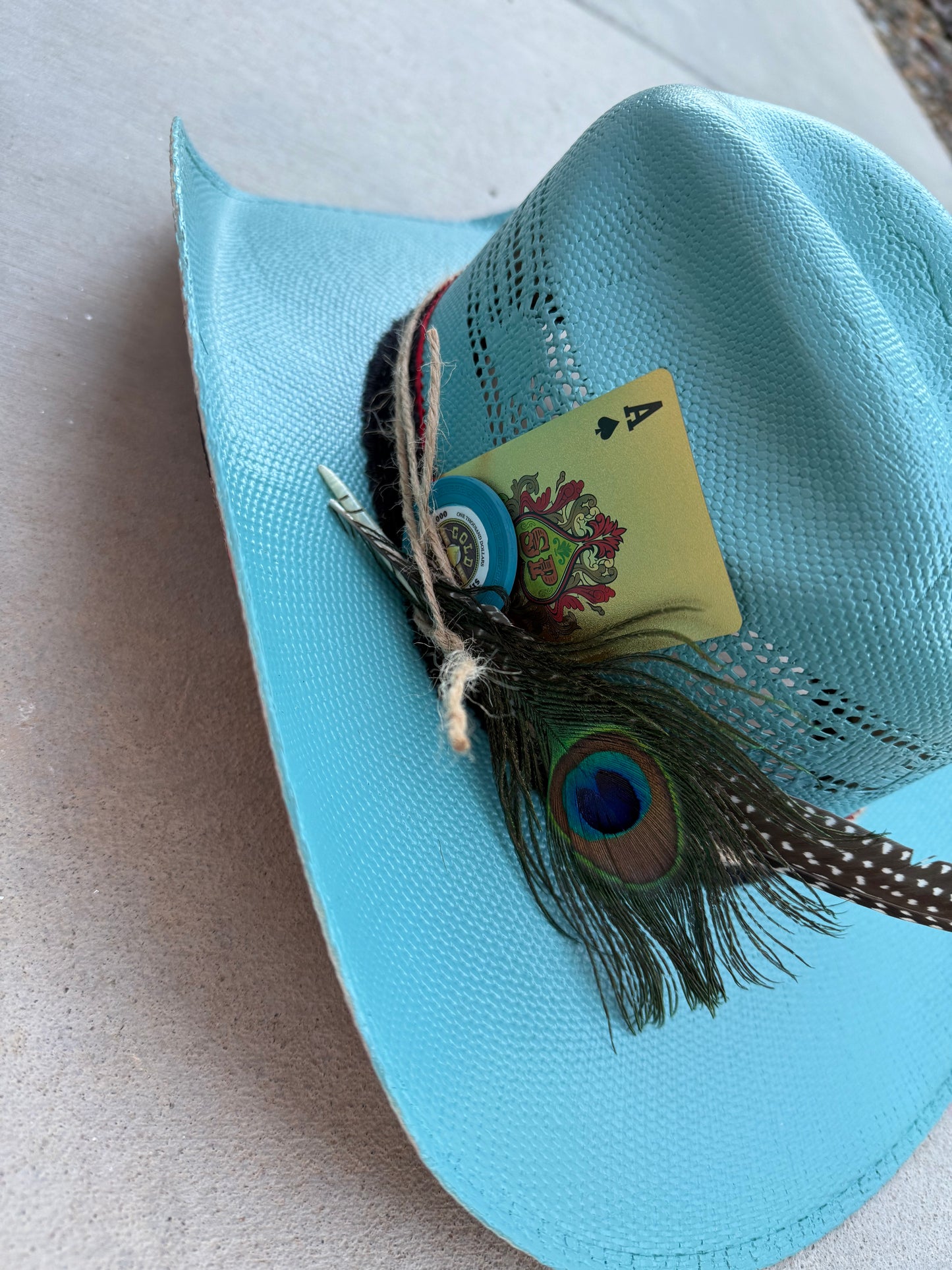 Blue gambler straw wide brim cowboy hat