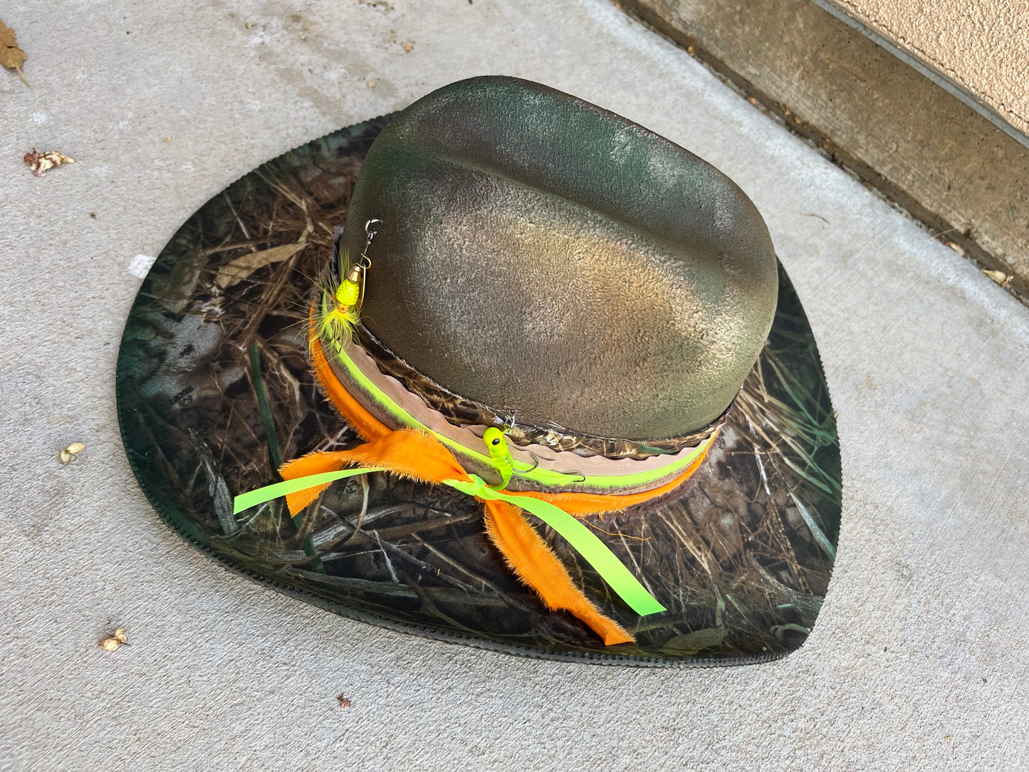 Camo fishing burned suede wide brim cowboy hat