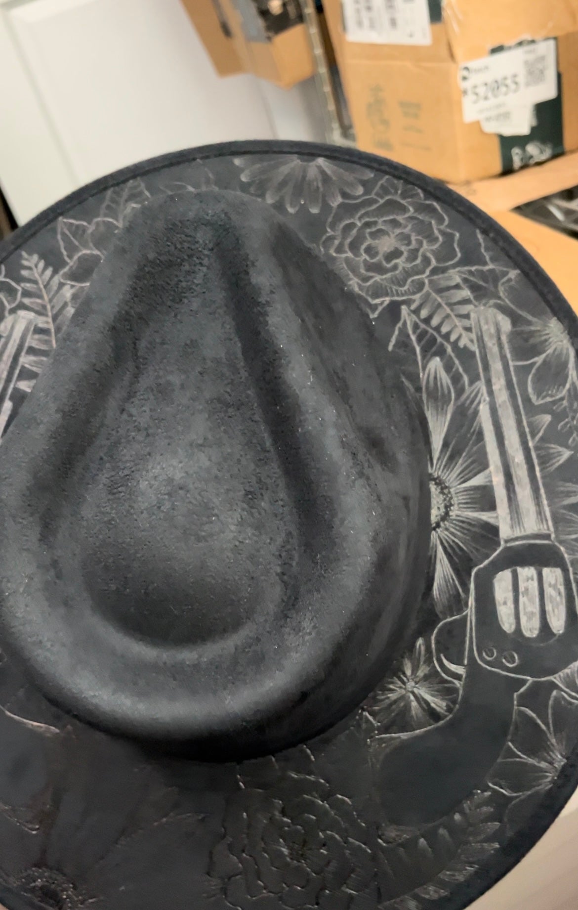 Black floral revolver suede wide brim rancher hat