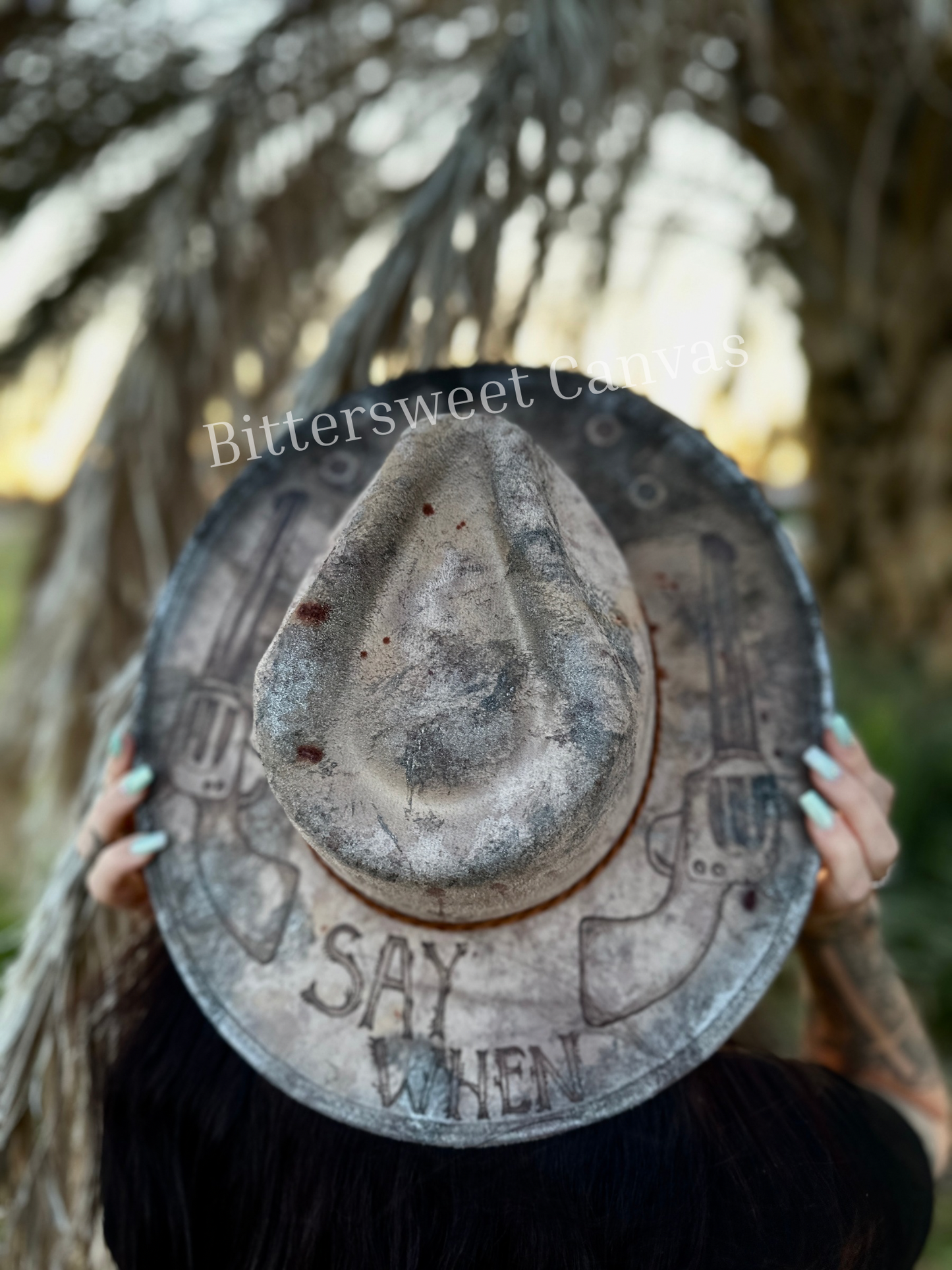 Taupe say when revolver tombstone distressssd burned suede wide brim rancher hat