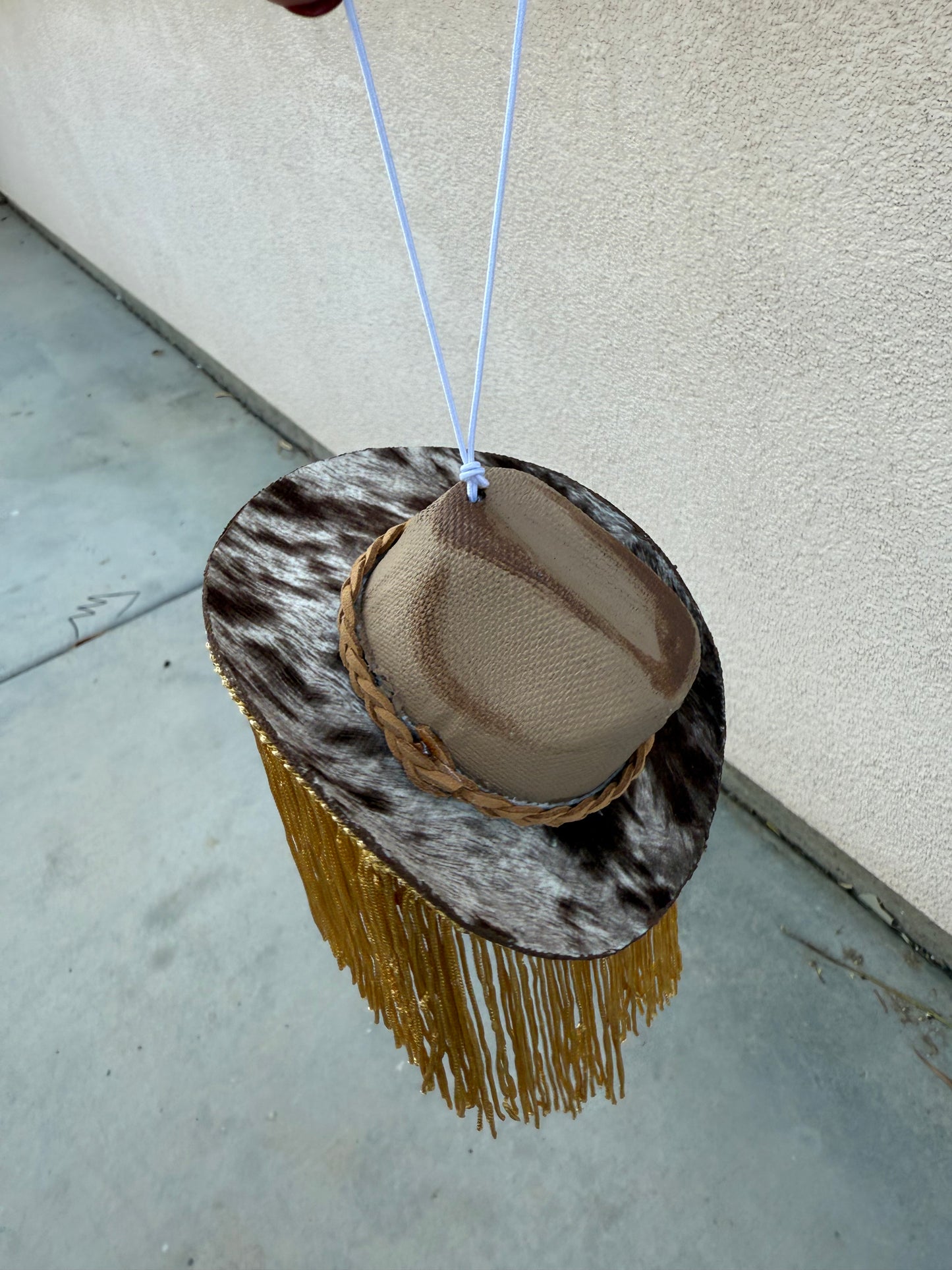 Beige fringe cowhide cowboy hat rearview mirror charm