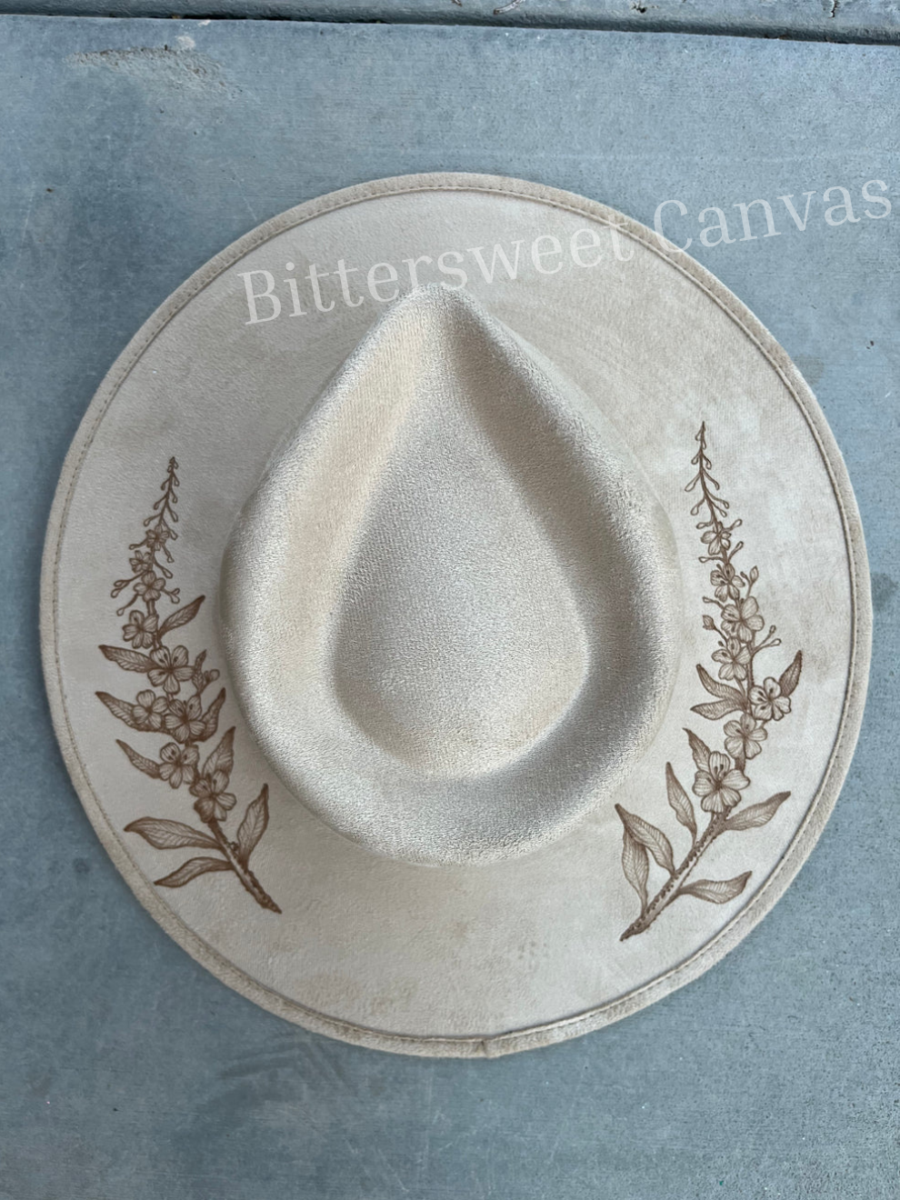 Beige fireweed burned suede wide brim rancher hat
