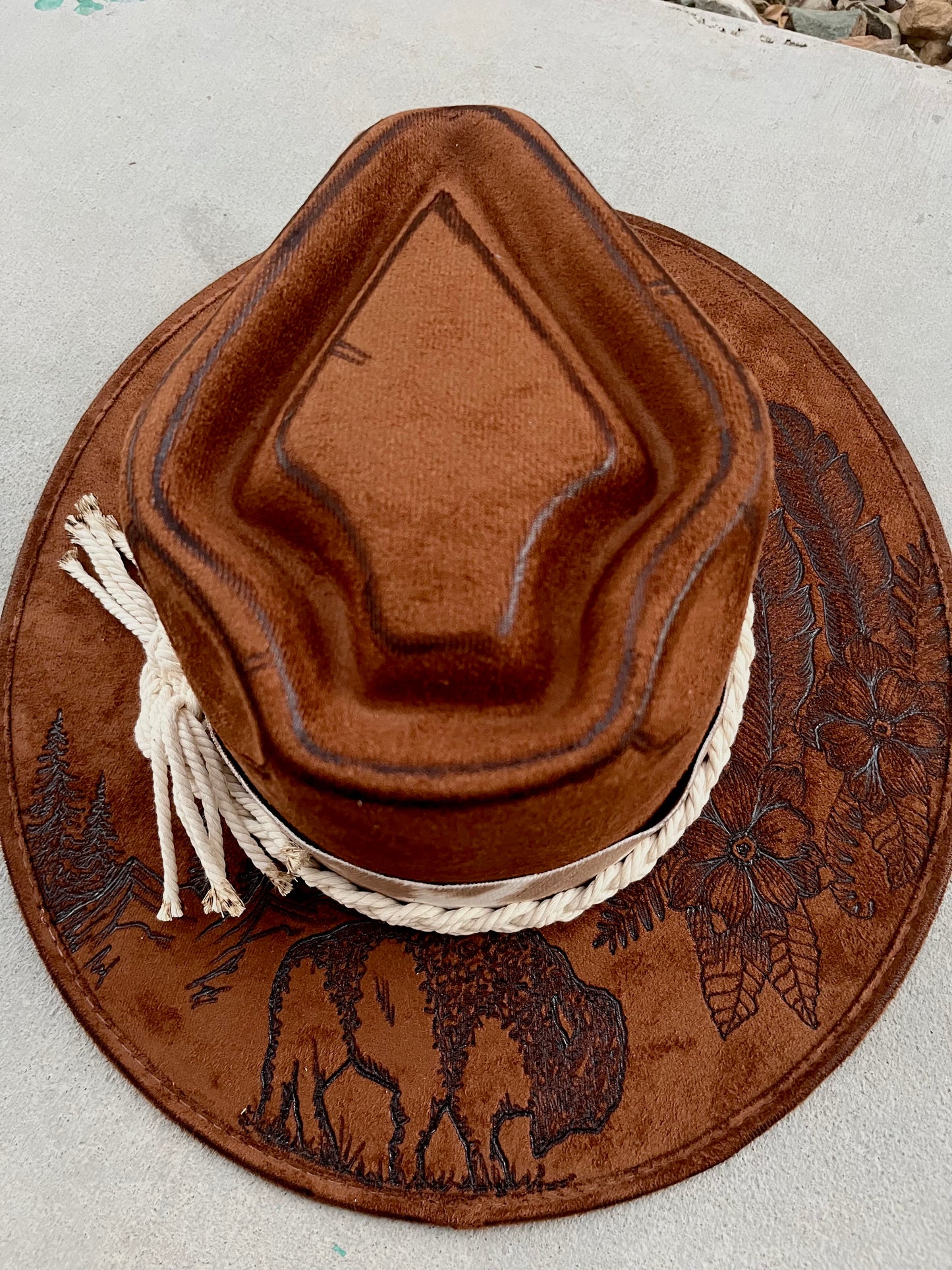 Dark camel buffalo arrow crown burned suede wide brim rancher hat