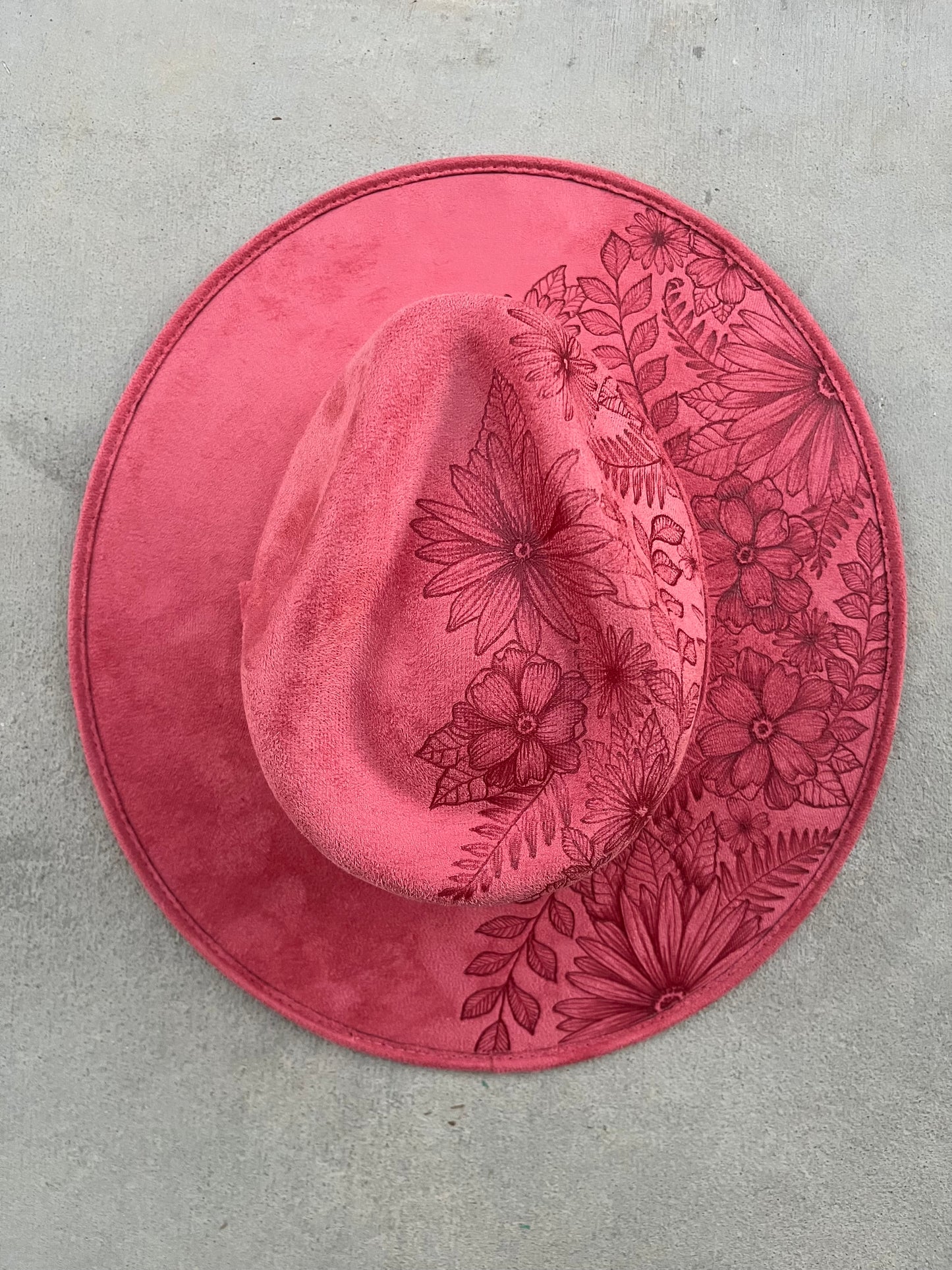 Floral split dusty rose pink burned suede wide brim rancher hat