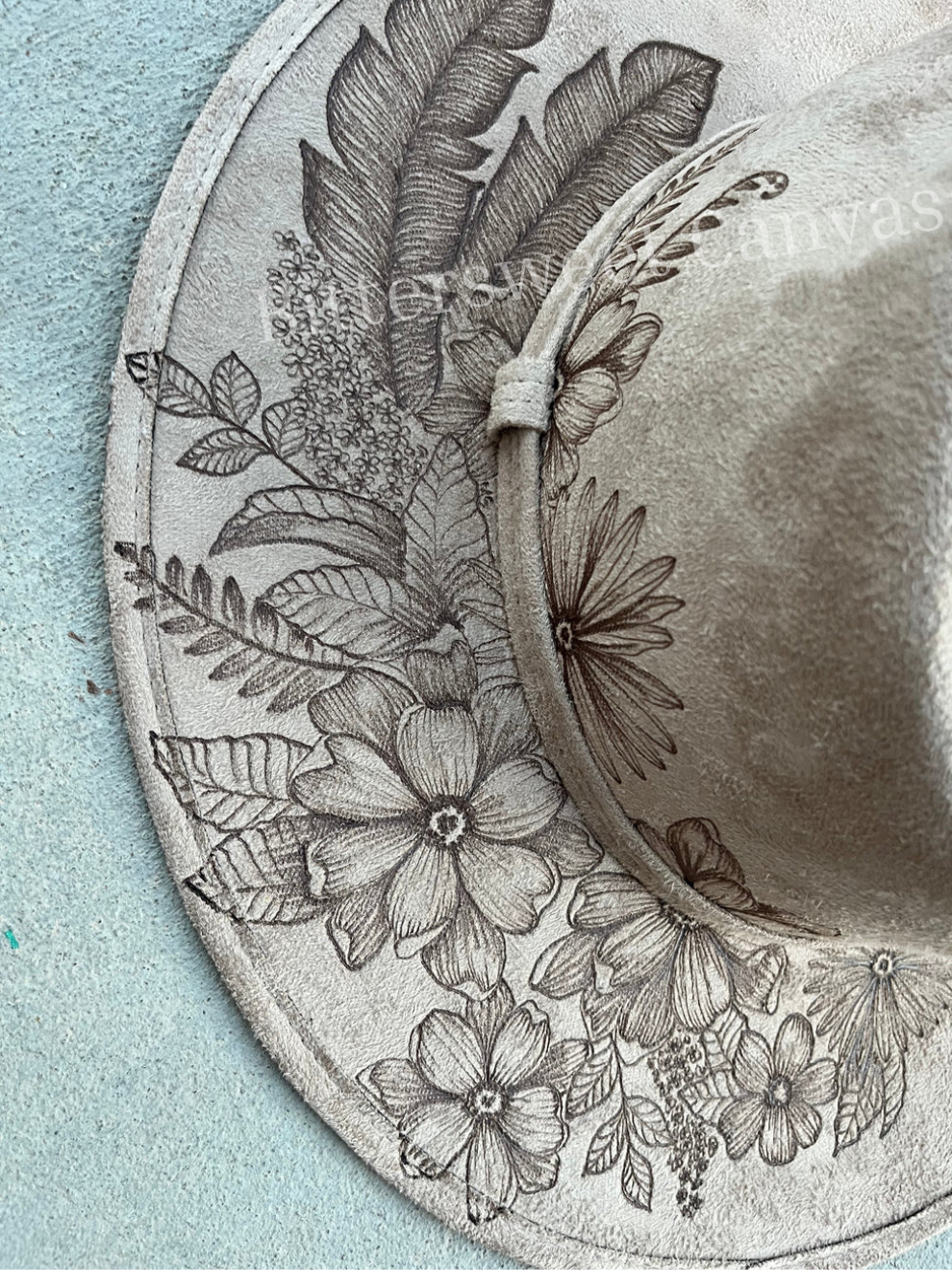 Taupe burned floral feather suede wide brim rancher hat