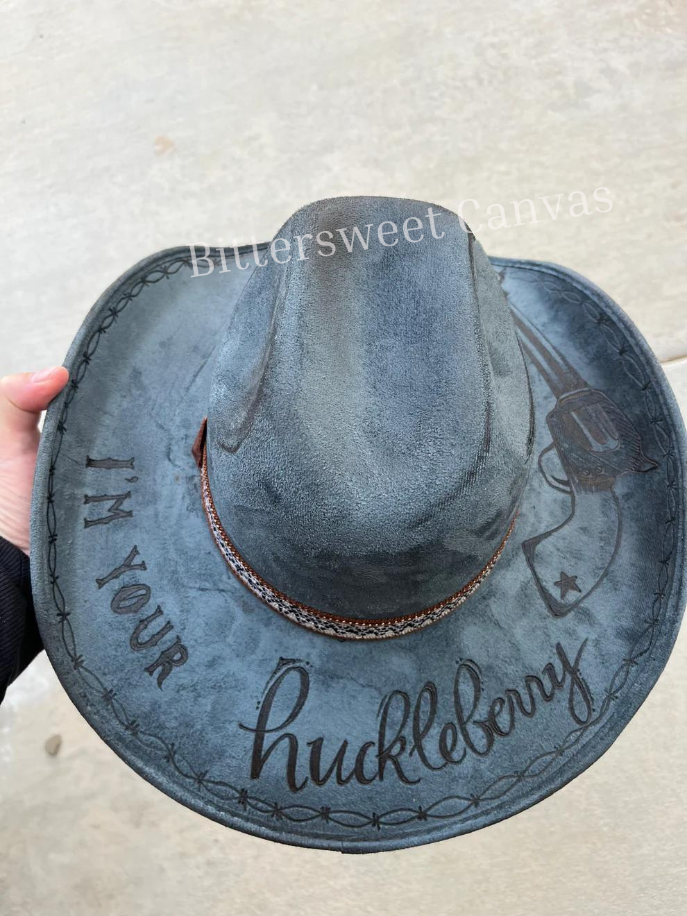 Steel blue cowboy huckleberry tombstone burned suede wide brim cowboy hat