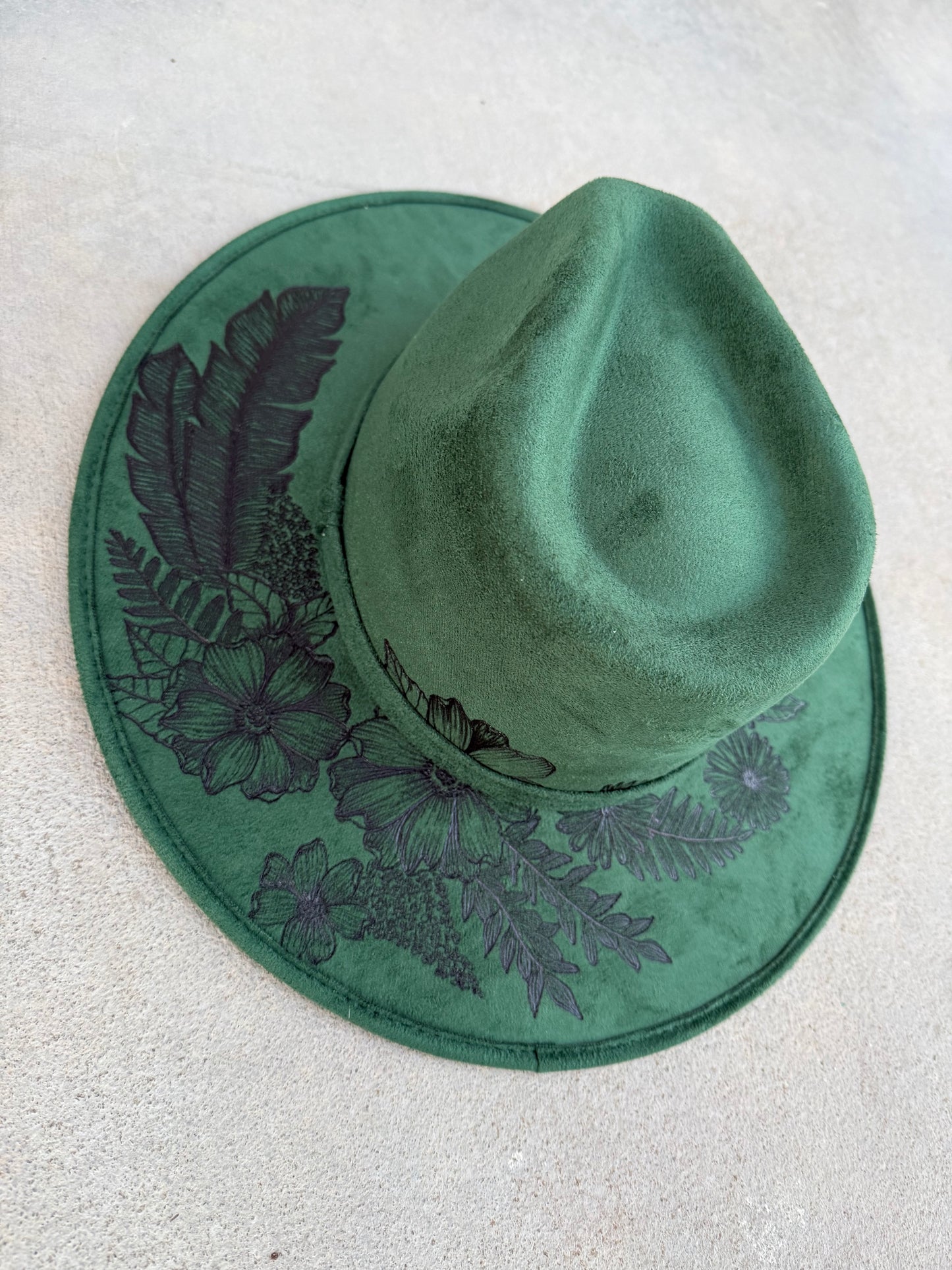 Forest green burned floral feather suede wide brim rancher hat
