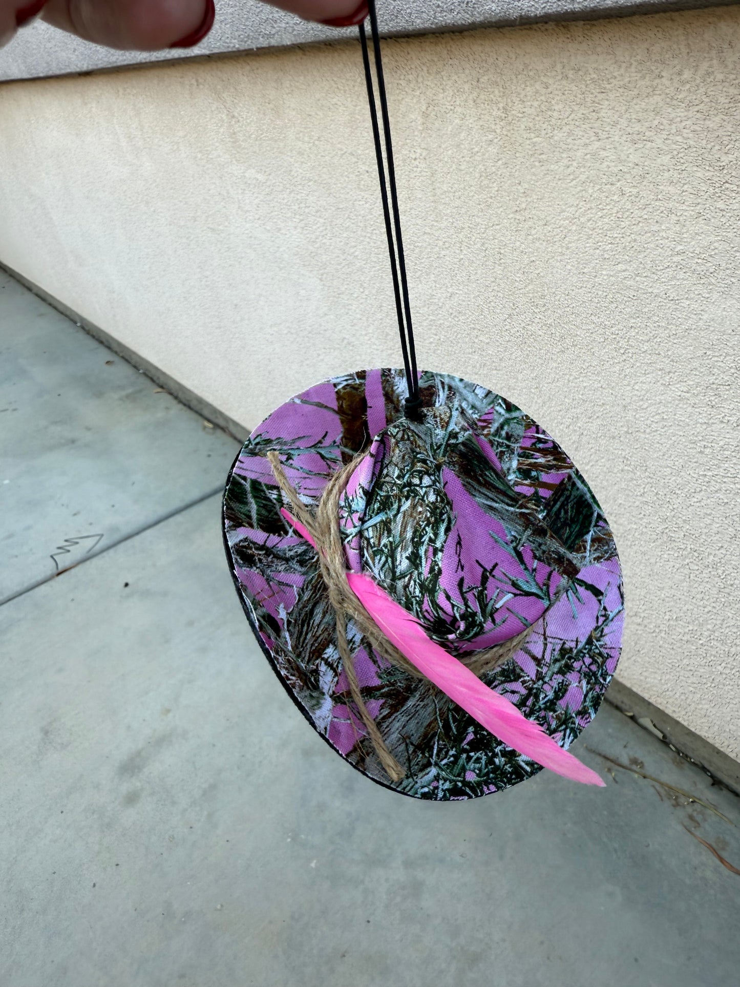 Pink camo hat rearview mirror charm