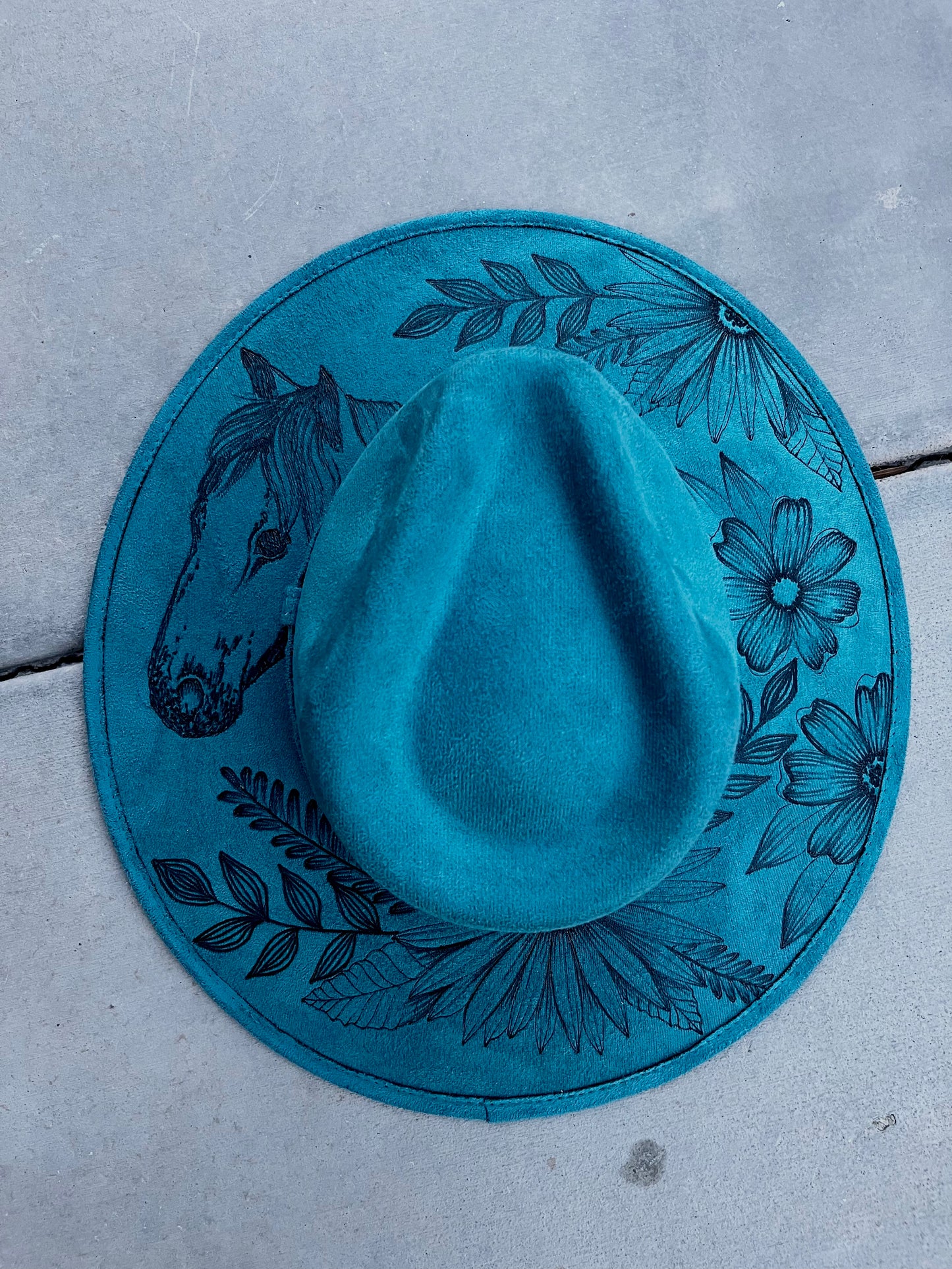 Horse floral blue teal burned suede wide brim rancher hat