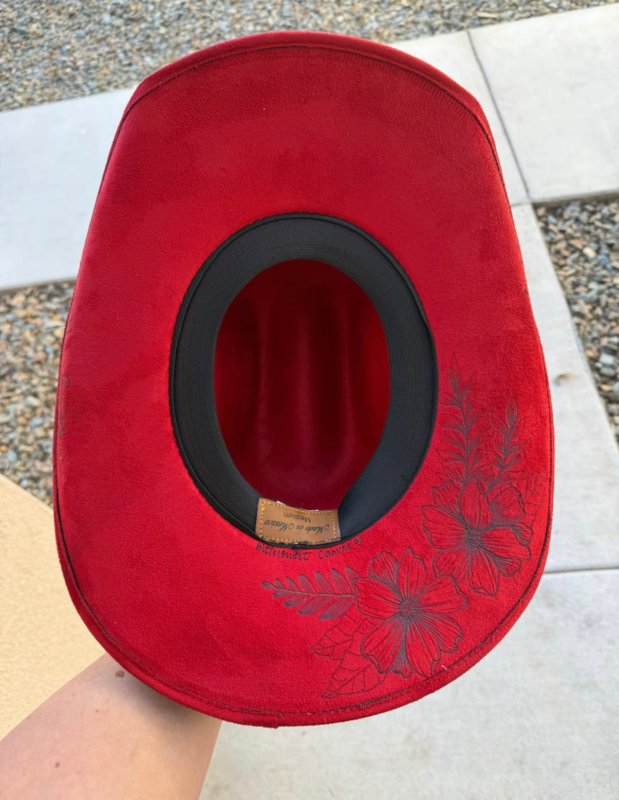 Red distressed floral burned suede wide brim rancher hat