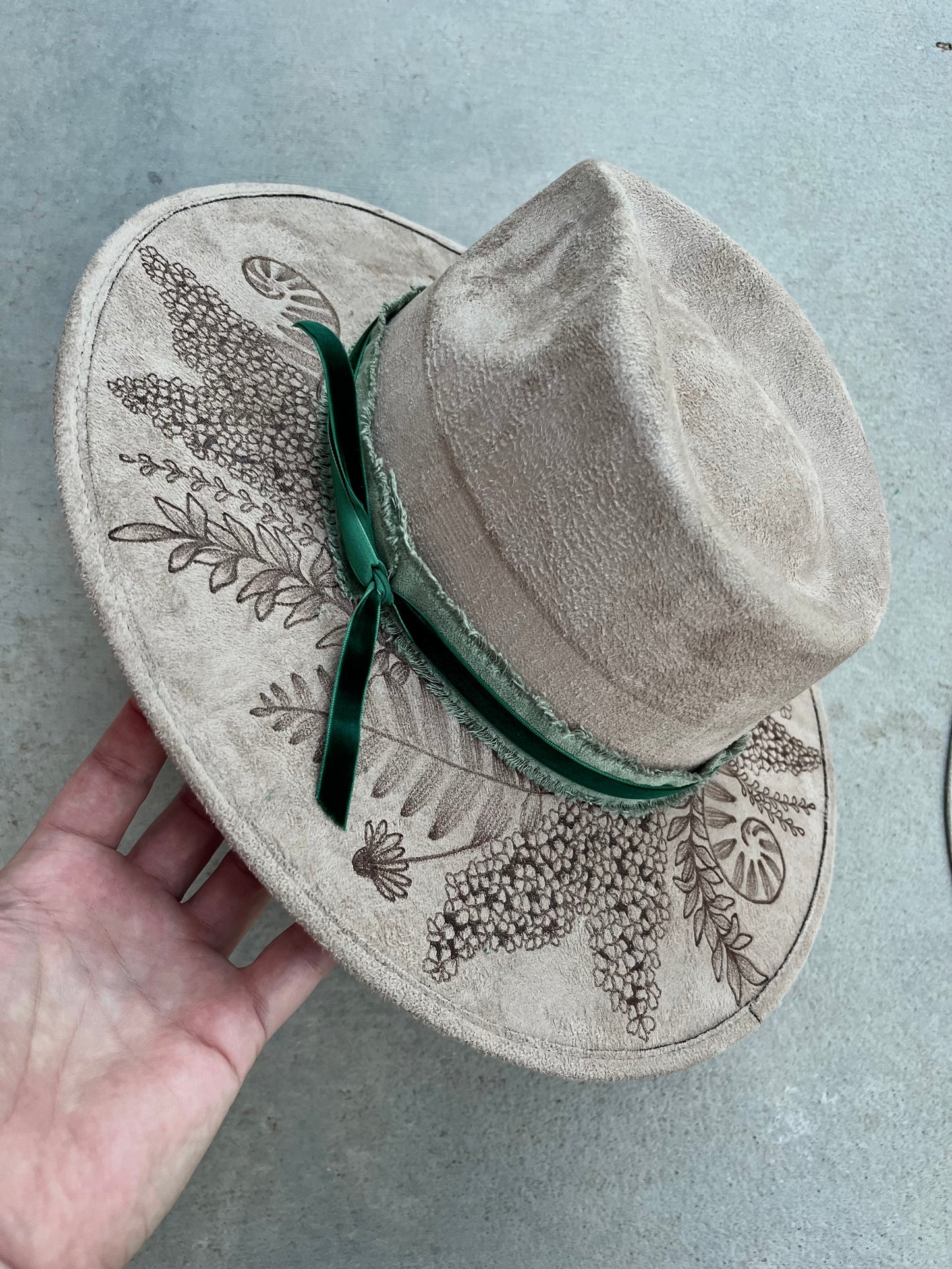 Botanical crown taupe burned suede wide brim rancher hat