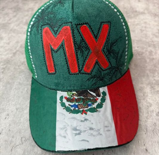 MX mexican flag green burned trucker hat custom ball cap SnapBack