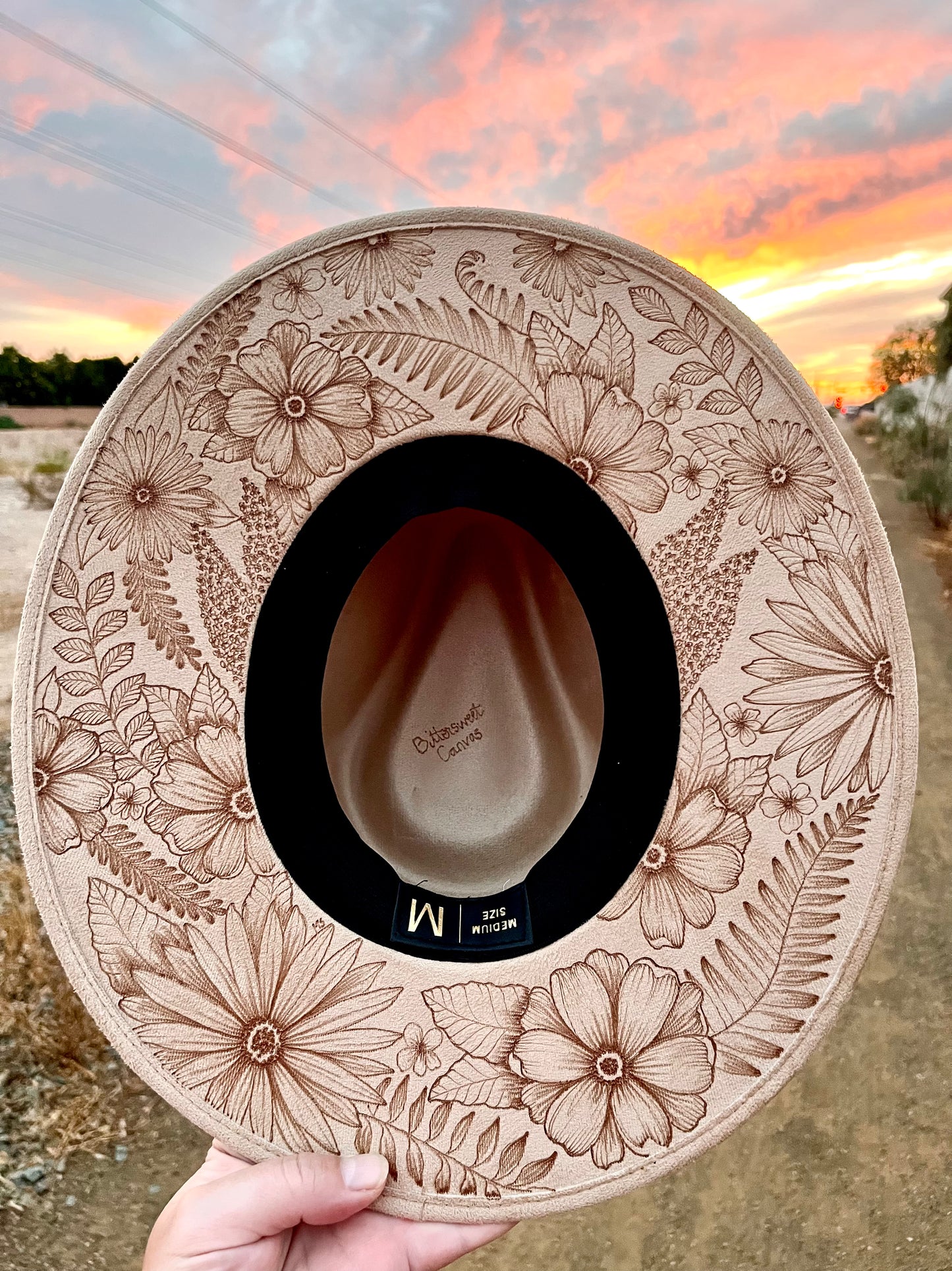 Full floral burned beige suede wide brim rancher hat