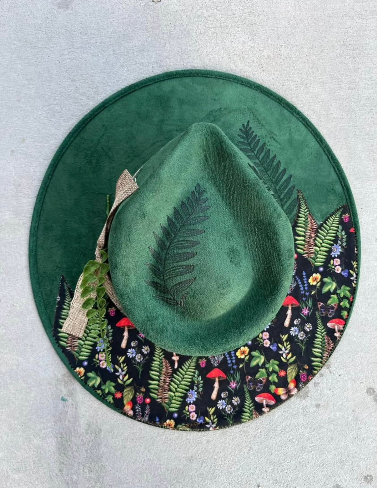 Green fern burned suede wide brim rancher hat