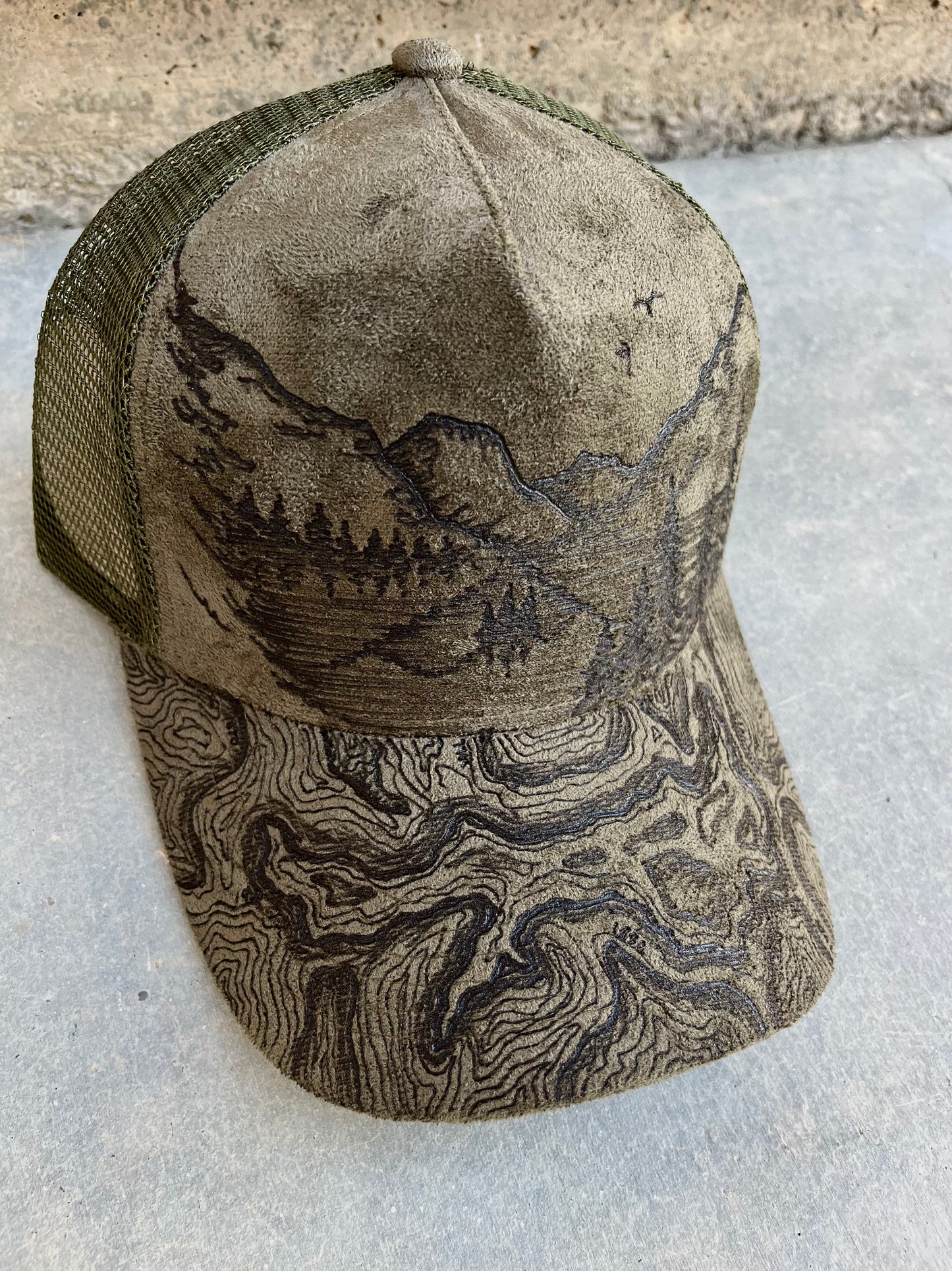 Olive green glacier park burned trucker hat custom ball cap SnapBack