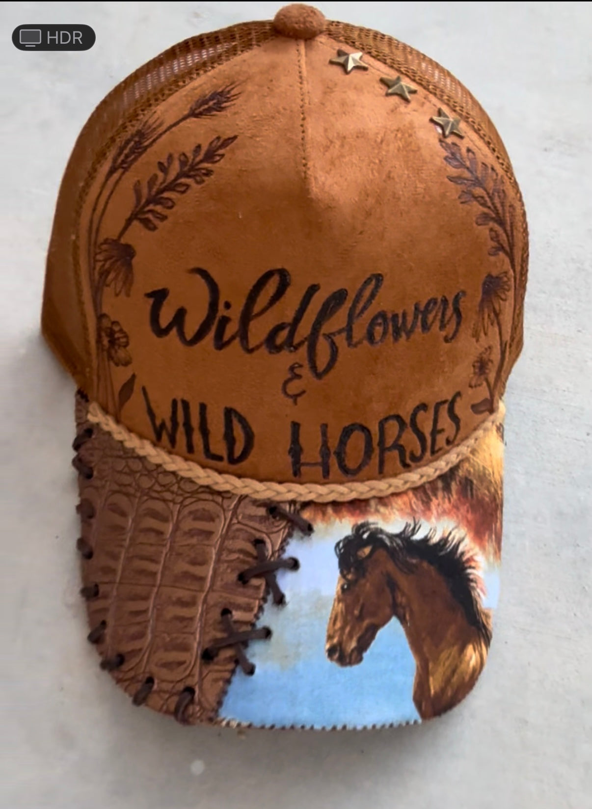 Wildflower and wild horses burned trucker hat custom ball cap SnapBack