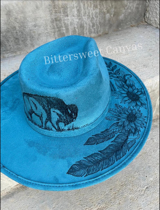 Blue Buffalo bison floral burned suede wide brim rancher hat