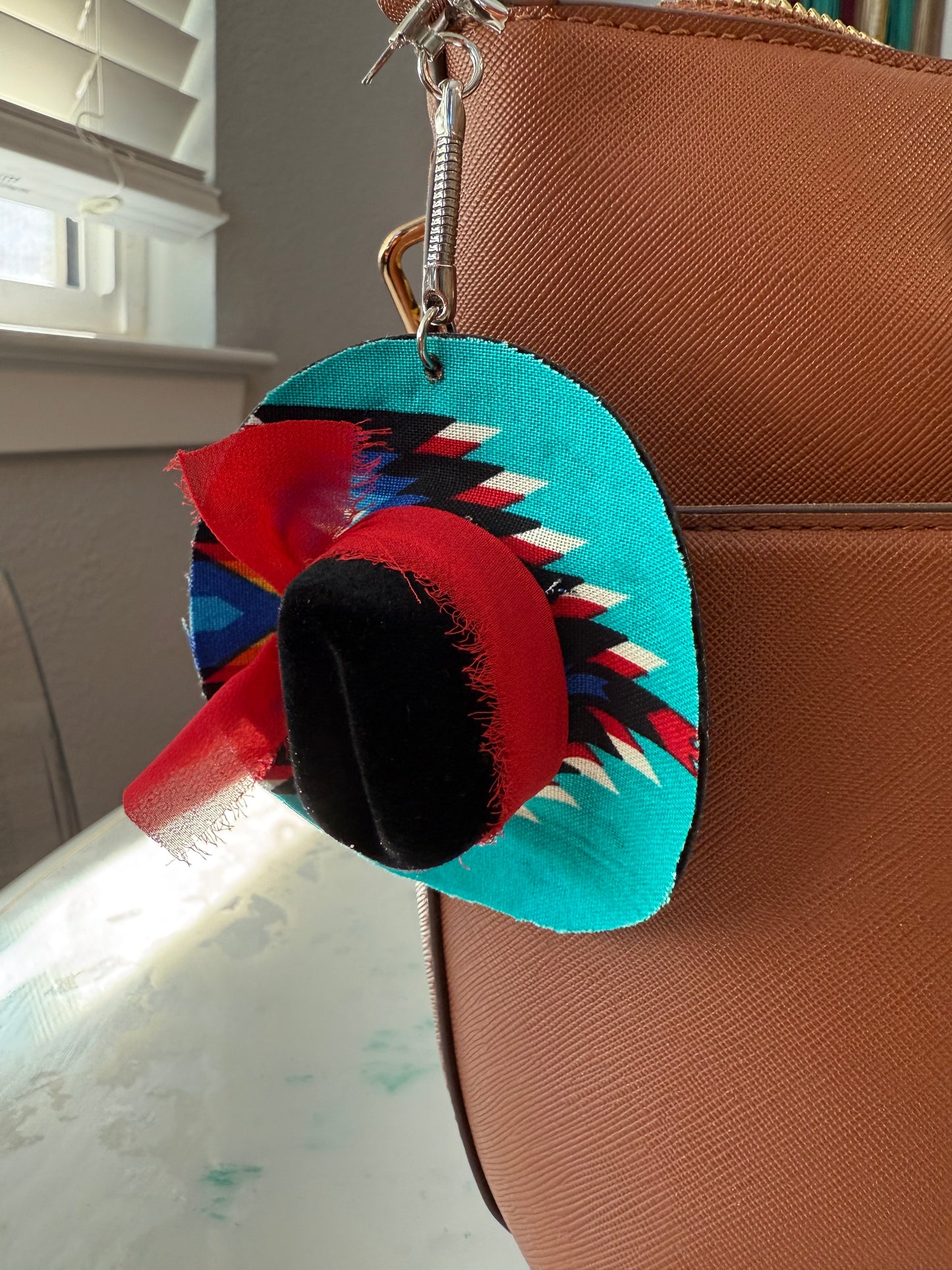 Tribal turquoise black cowboy hat keychain bag charm