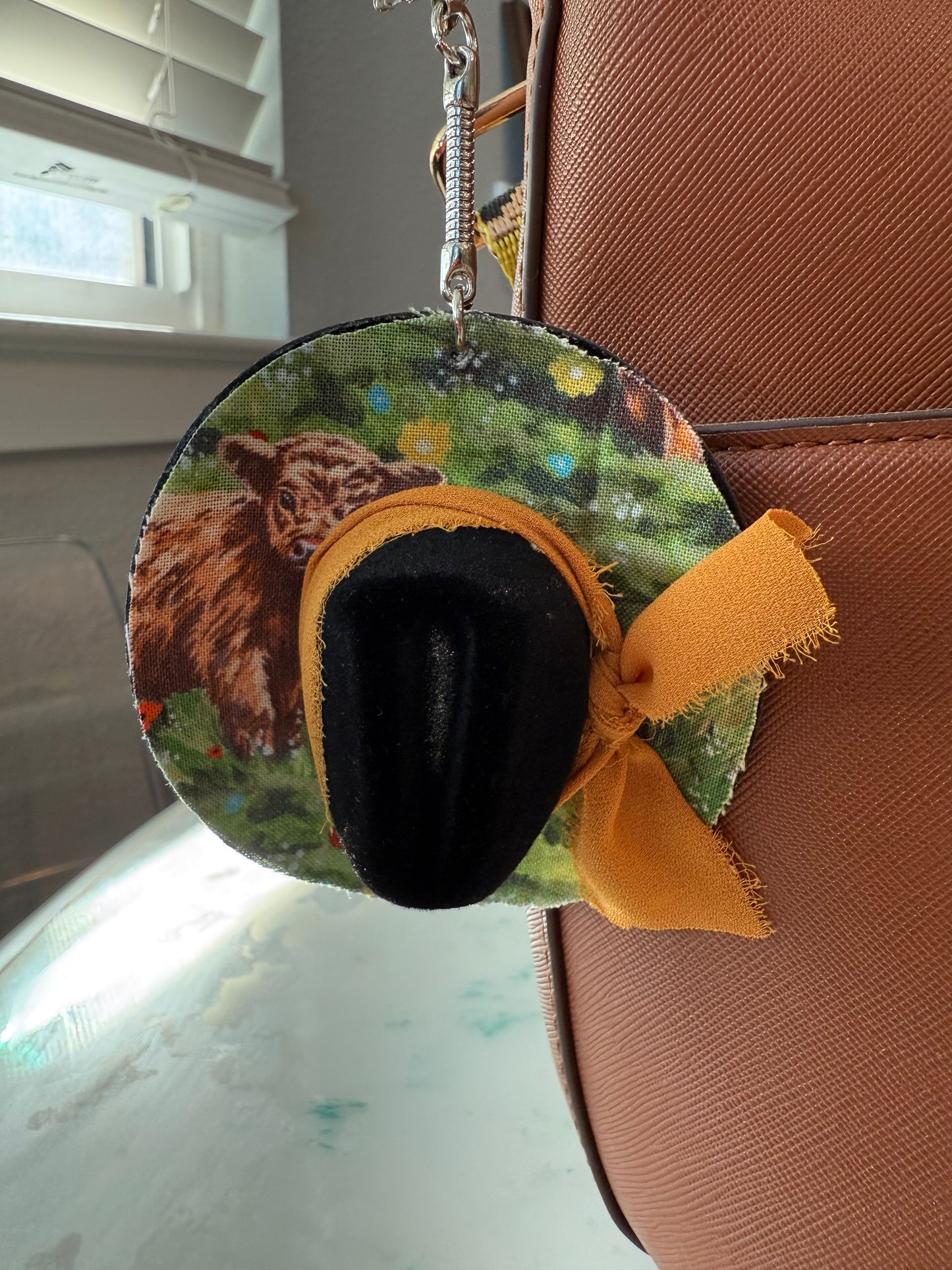 Highland cow black cowboy hat keychain bag charm