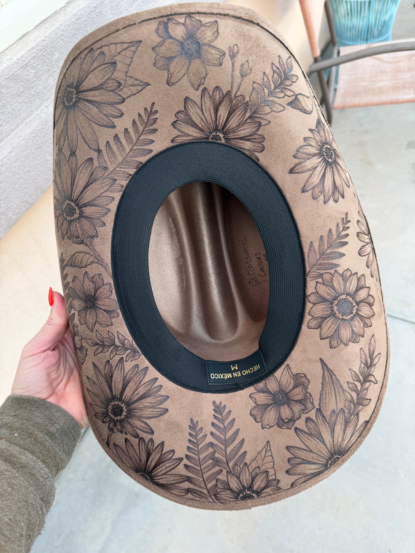 Latte brown full floral burned suede wide brim cowboy hat
