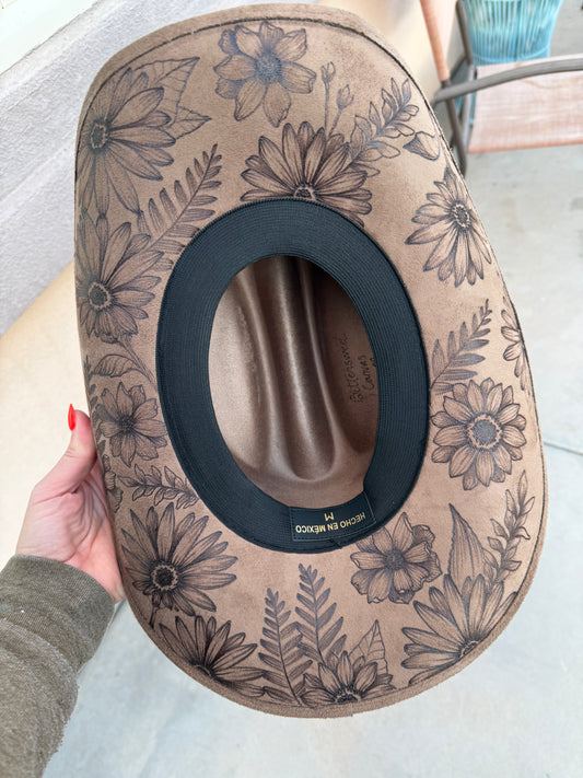 Latte brown full floral burned suede wide brim cowboy  hat