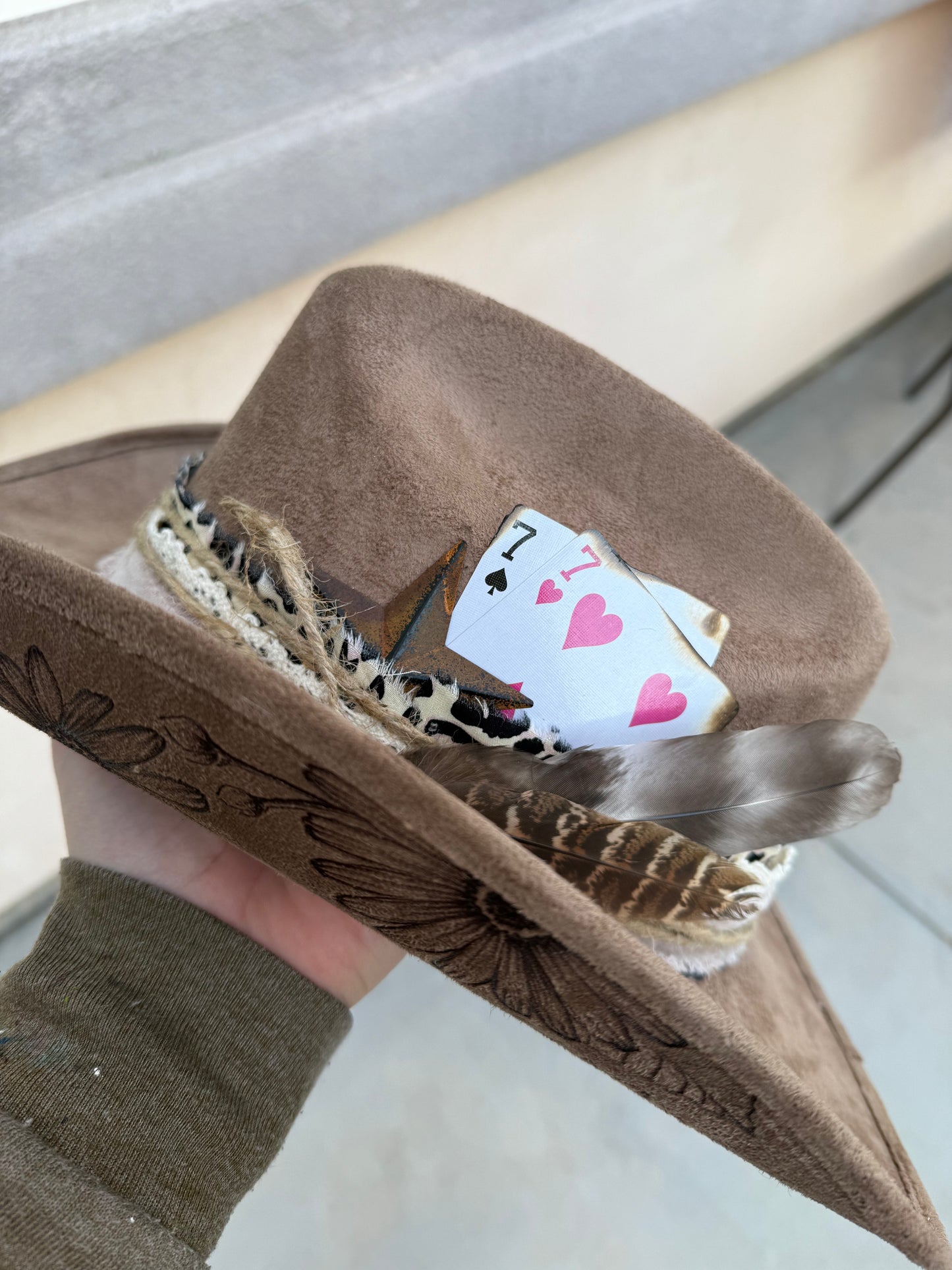 Latte brown full floral burned suede wide brim cowboy hat