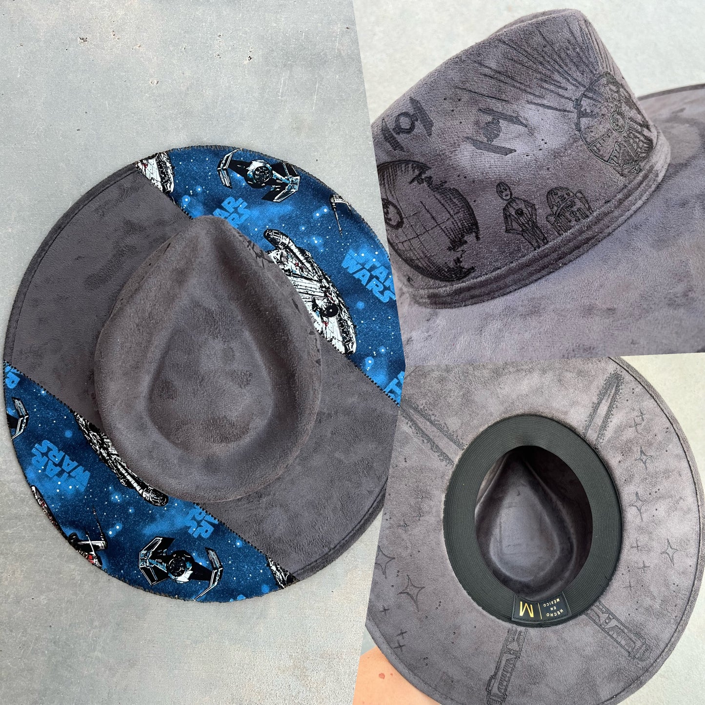 Grey star space ship burned suede wide brim rancher hat